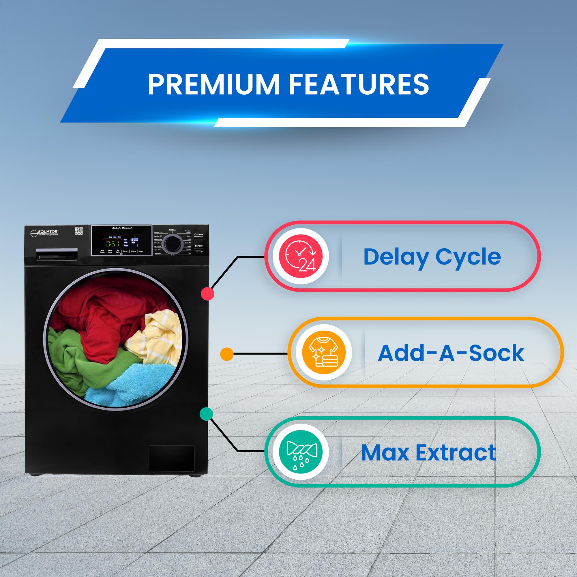 Equator 24 in. 1.6 cu. ft. Electric Front Load Laundry Center with Pet Cycle, Sanitize Cycle & Sensor Dry - Black, Black, hires