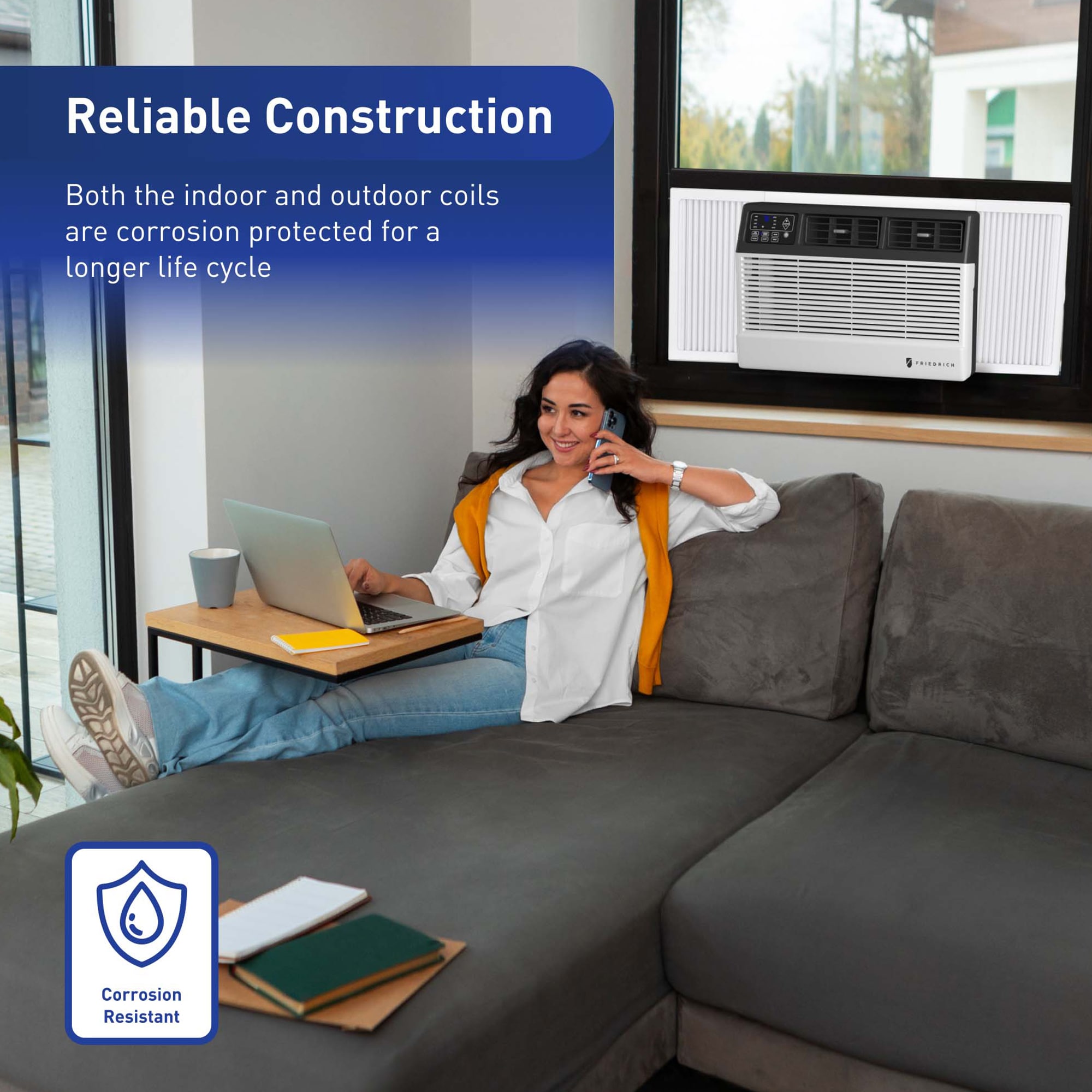 Friedrich Chill Premier Series 8,000 BTU 115V Smart Window/Wall Air Conditioner with Electric Heat, 3 Fan Speeds, Remote Control - White, , hires