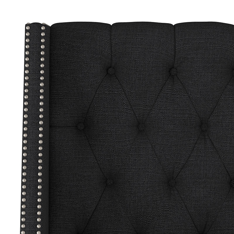 Skyline Twin Nail Button Tufted Wingback Headboard in Linen - Black, Black, hires