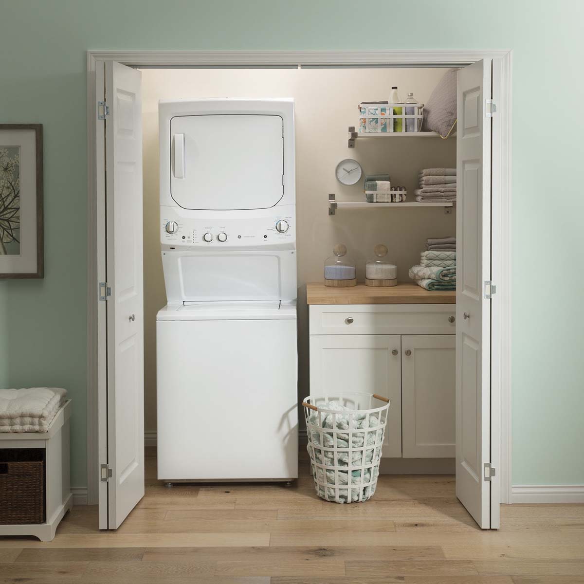 GE 27 in. Laundry Center with 3.8 cu. ft. Washer with 11 Wash Programs & 5.9 cu. ft. Electric Dryer with 4 Dryer Programs & Wrinkle Care - White, White, hires