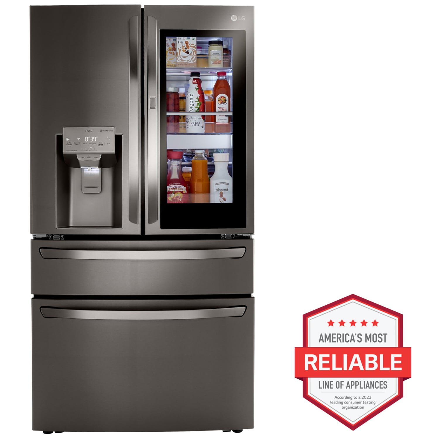 LG InstaView 36 in. 22.5 cu. ft. Smart Counter Depth 4-Door French Door Refrigerator with Ice & Water Dispenser - PrintProof Black Stainless Steel, PrintProof Black Stainless Steel, hires