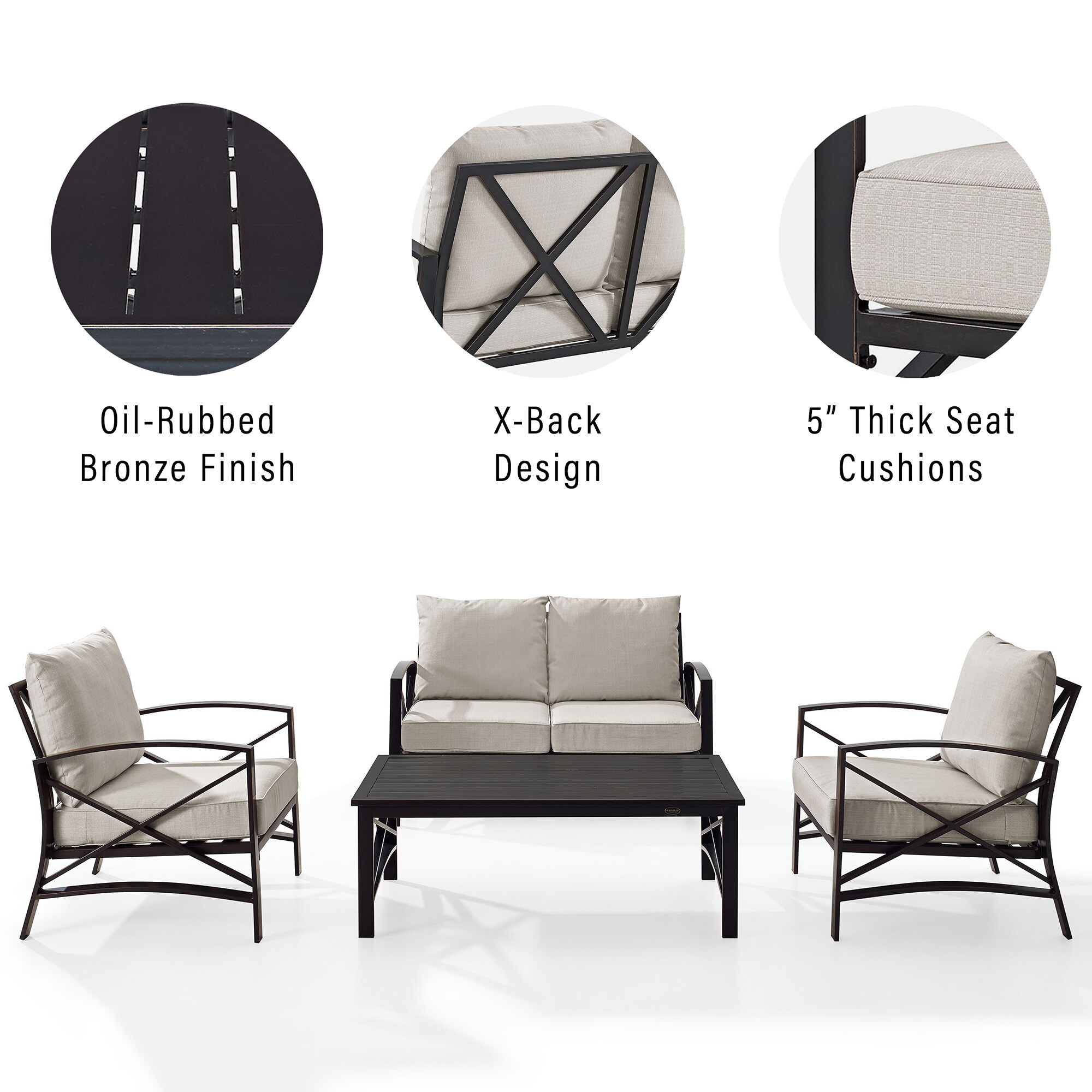 Crosley Kaplan 4-Piece Outdoor Loveseat Patio Furniture Set, Oil Rubbed Bronze with Oatmeal Cushions, , hires