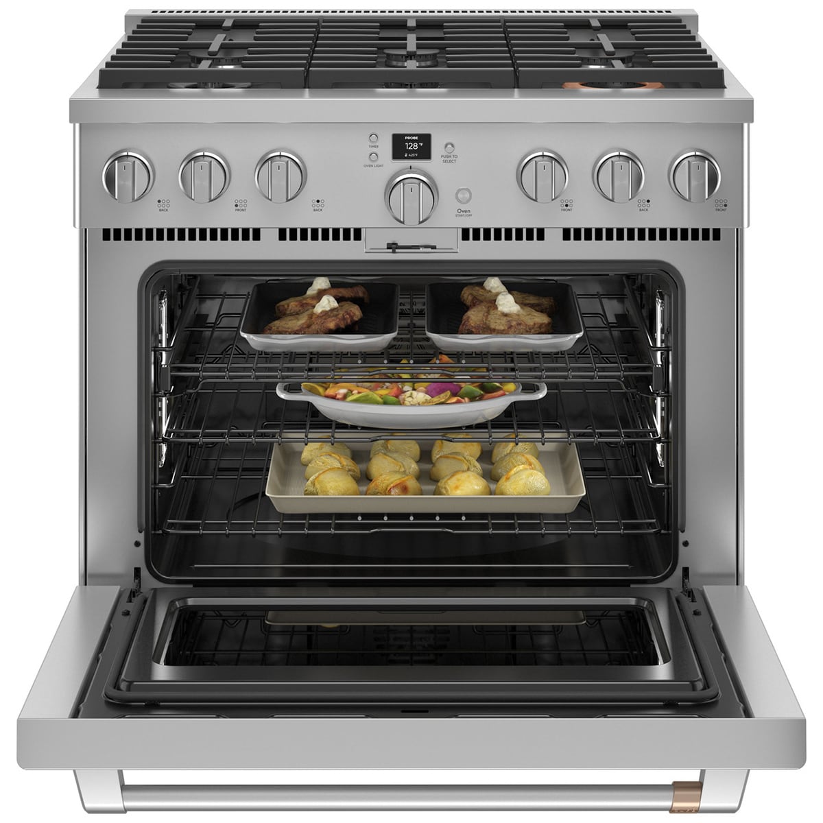 Cafe 36 in. 5.7 cu. ft. Smart Air Fry True European Convection Dual Fuel Range with 6 Sealed Burners - Stainless Steel, Stainless Steel, hires