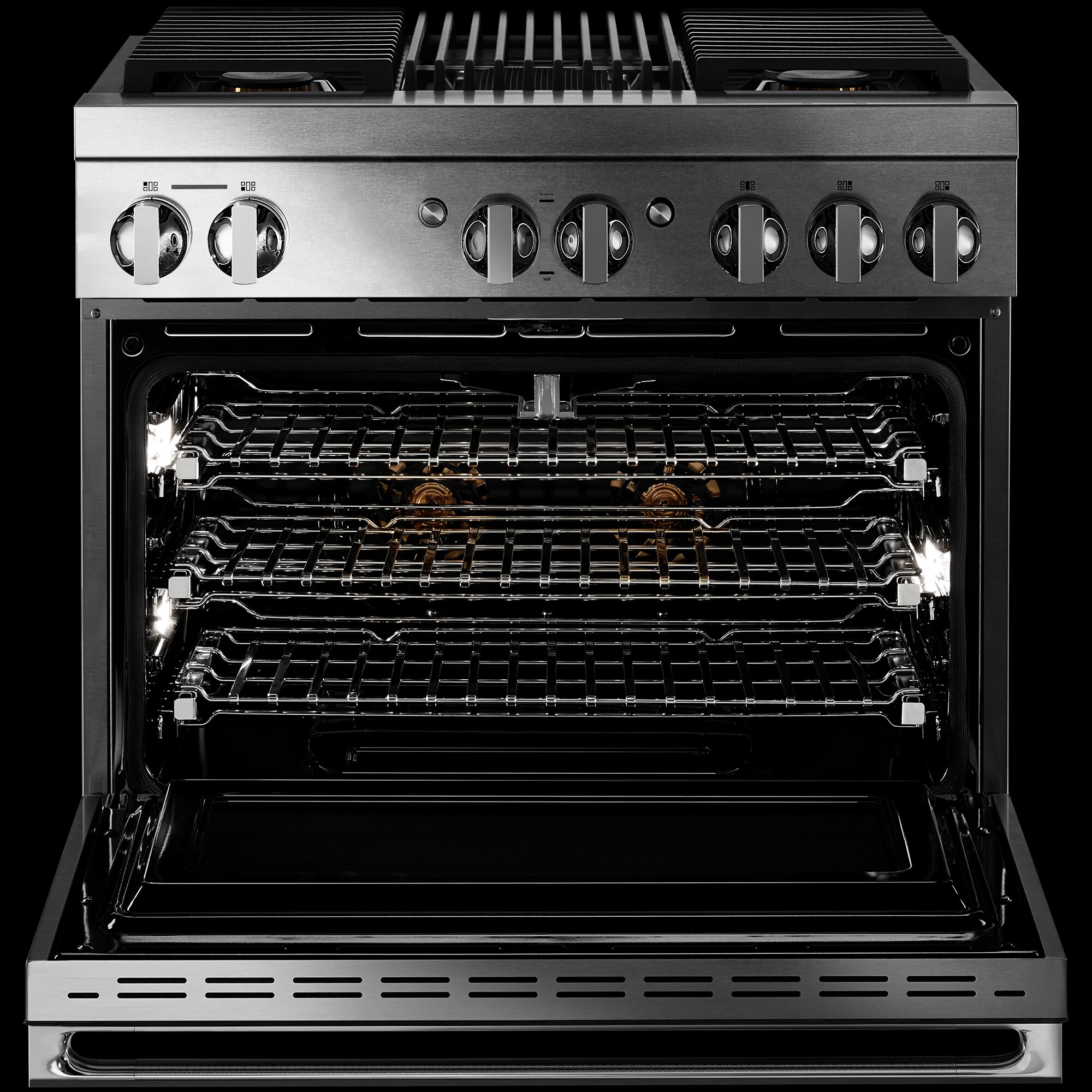 JennAir Noir Series 36 in. 5.1 cu. ft. Smart True European Convection Dual Fuel Range with 4 Sealed Burners & Grill - Stainless Steel, , hires