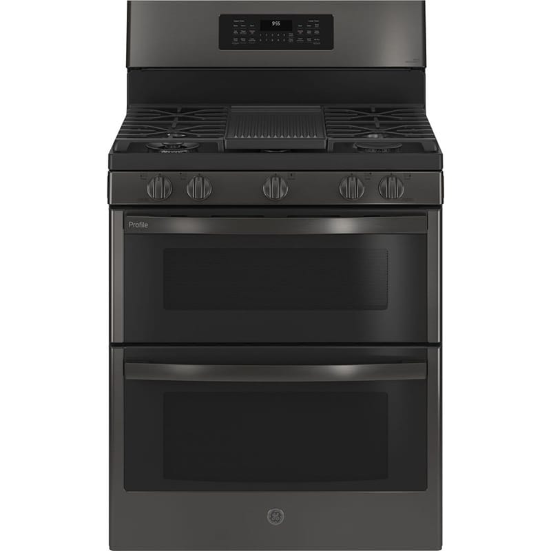 GE Profile 30 in. 6.8 cu. ft. Smart Air Fry True European Convection Double Oven Gas Range with 5 Sealed Burners, Grill & Griddle - Black Stainless, Black Stainless, hires
