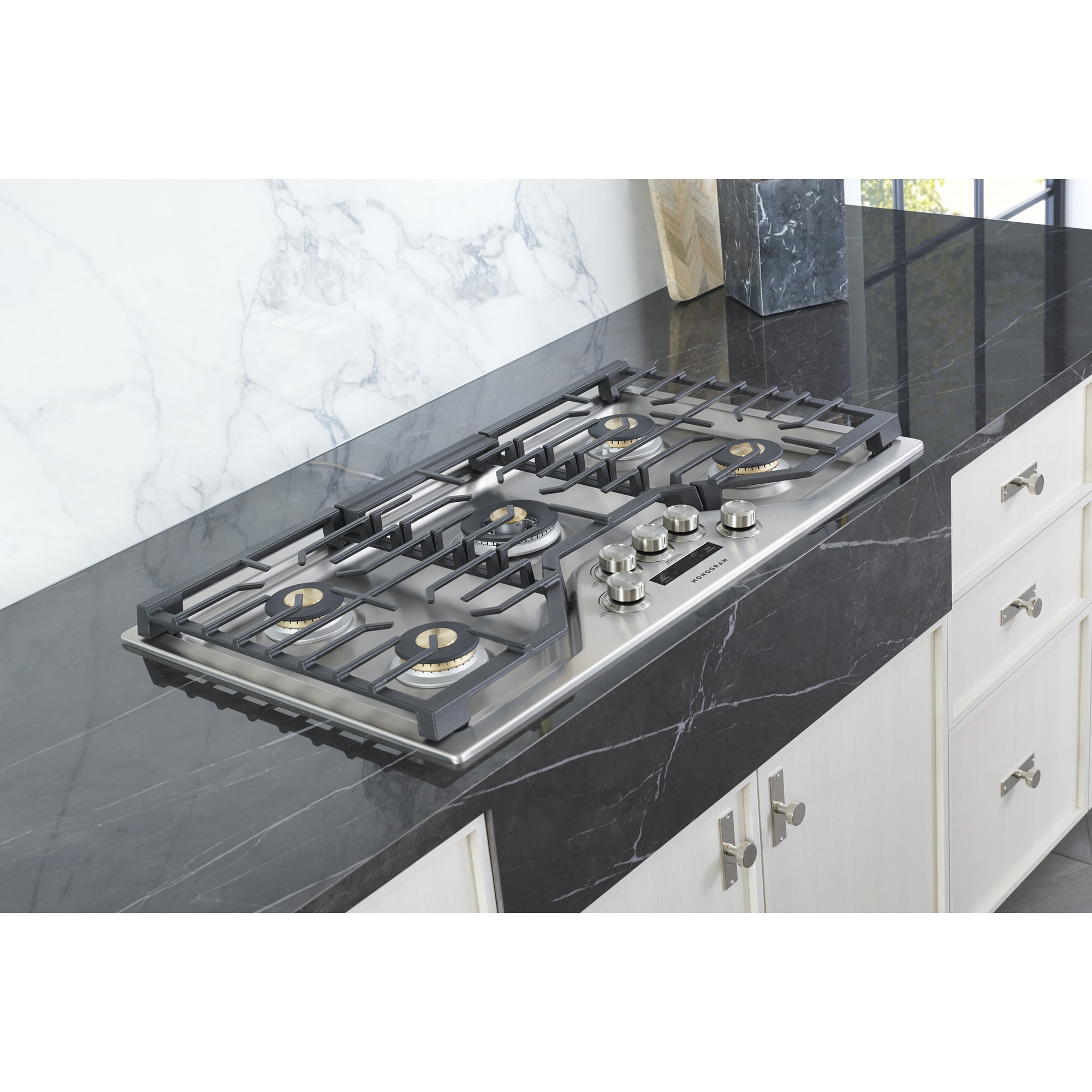 Monogram 36 in. 5-Burner Smart Natural Gas Cooktop with Griddle, Simmer Burner & Power Burner - Stainless Steel, , hires