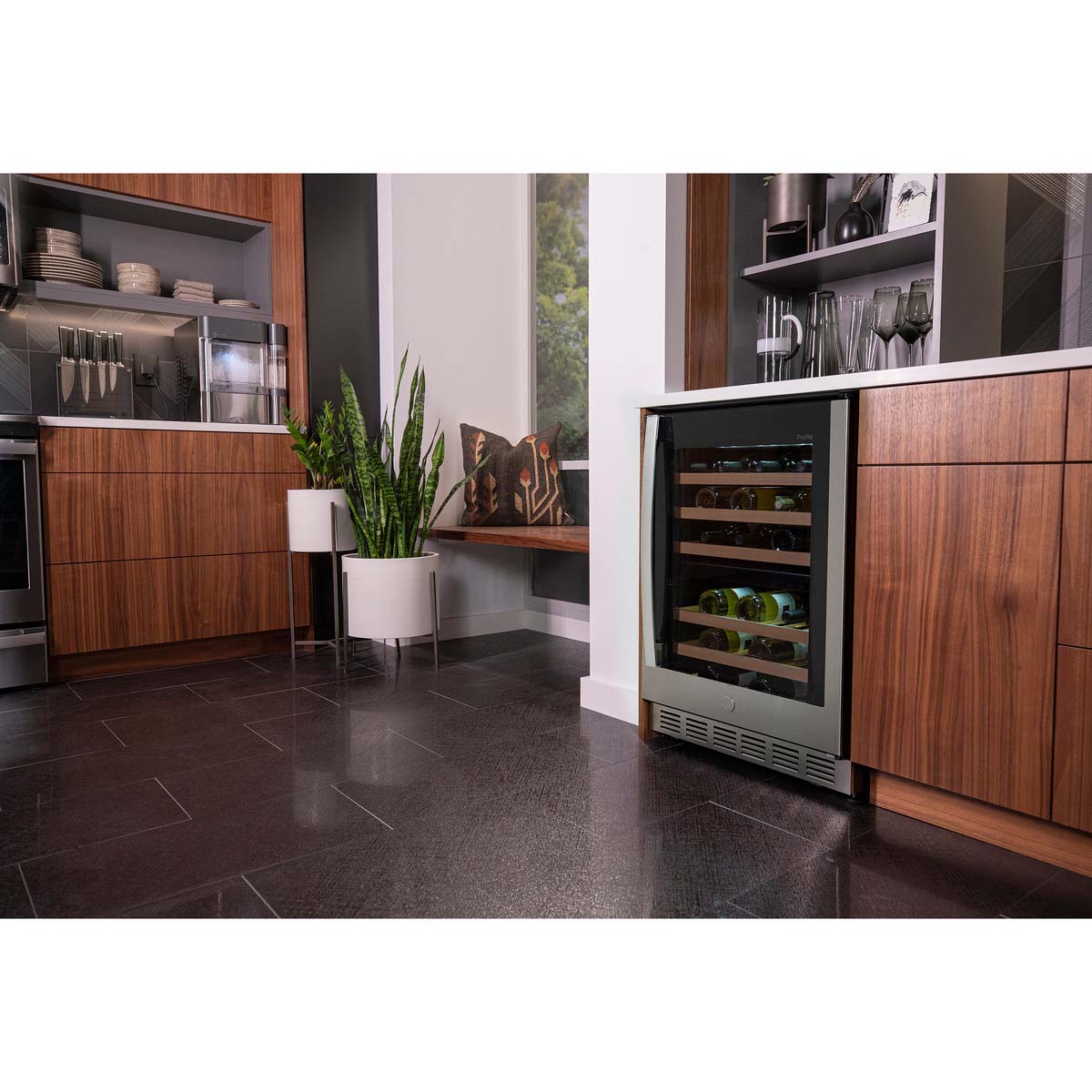 GE 24 in. Undercounter Wine Cooler with Wood Racks, Dual Temperature Zones & 44 Bottle Capacity - Stainless Steel, , hires