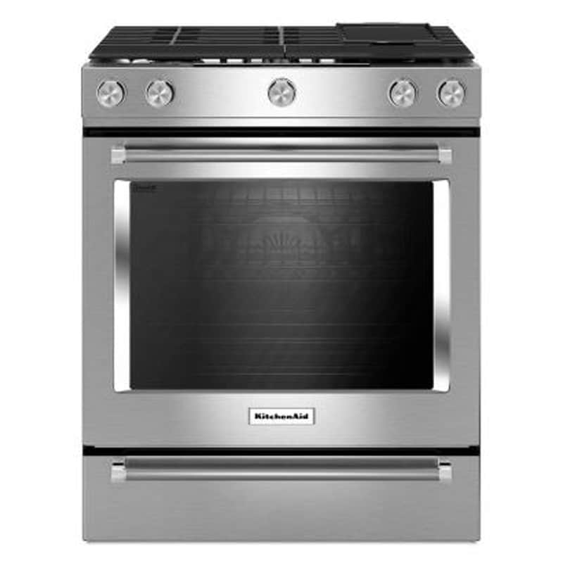 KitchenAid 30 in. 6.5 cu. ft. True European Convection Slide-In Gas Range with 5 Sealed Burners & Griddle - Stainless Steel, , hires
