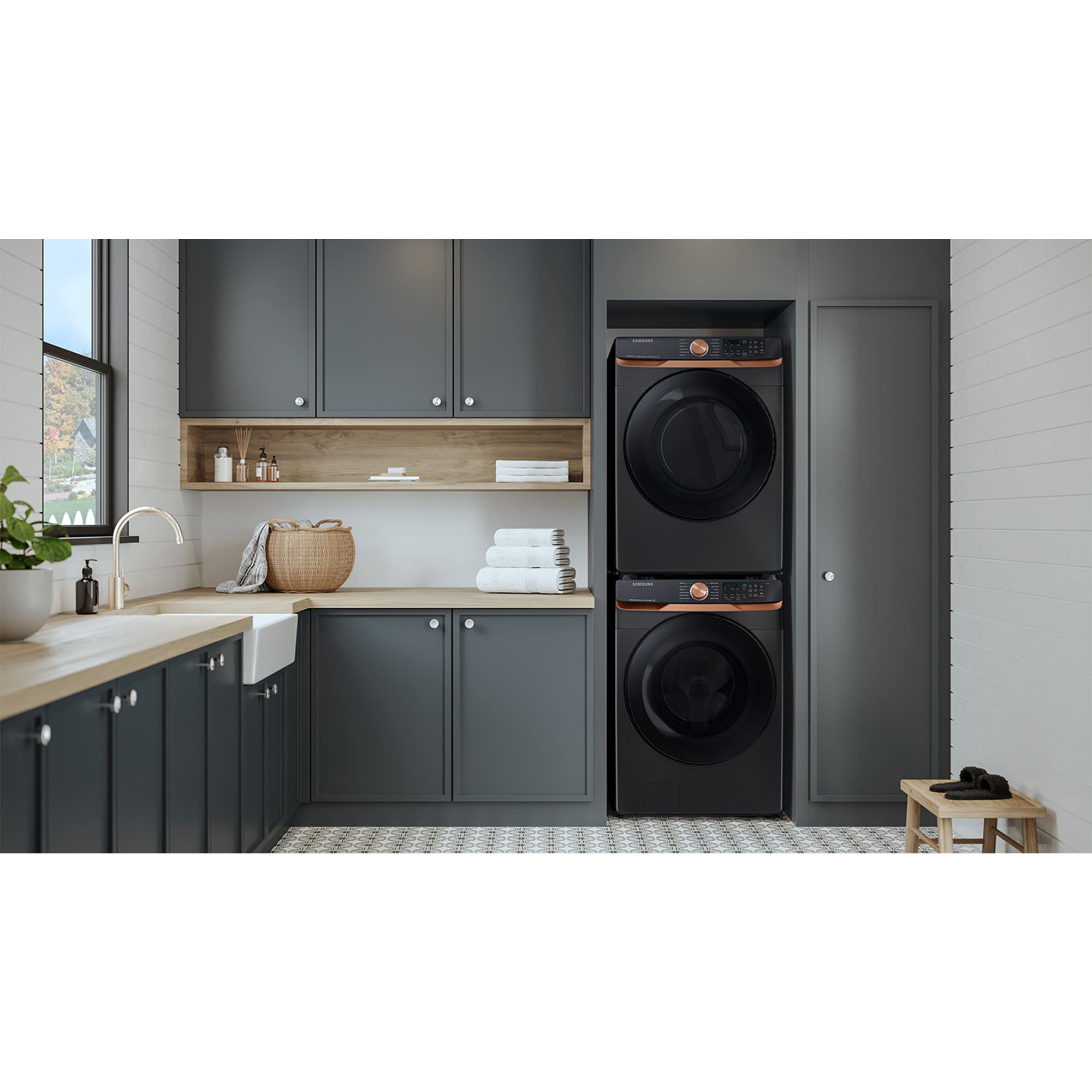 Samsung 27 in. 7.5 cu. ft. Smart Stackable Electric Dryer with Sanitize+, Steam Cycle & Sensor Dry - Brushed Black, Brushed Black, hires