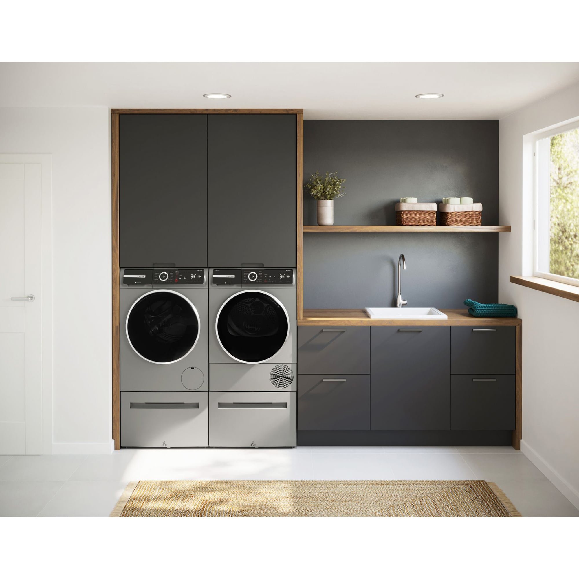 Bosch 800 Series 24 in. 2.4 cu. ft. Smart Stackable Front Load Washer with Sanitize Cycle - Pearl Steel, , hires