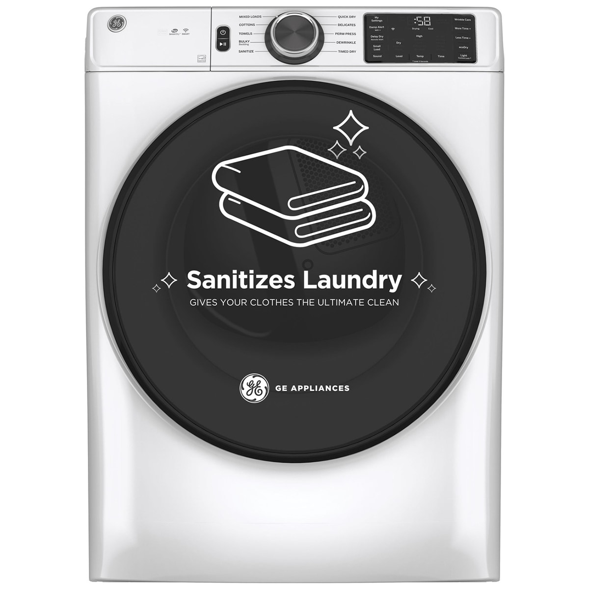 GE 28 in. 7.8 cu. ft. Smart Stackable Gas Dryer with Sanitize Cycle & Sensor Dry - White, White, hires