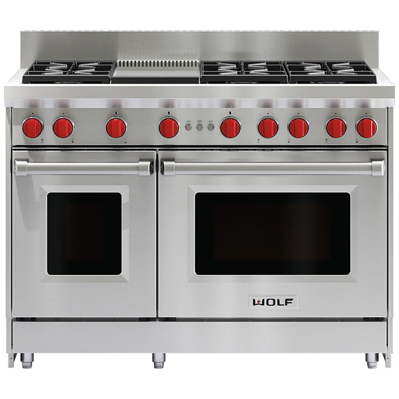 Wolf 48 in. 6.9 cu. ft. Standard Convection Double Oven Gas Range with 6 Sealed Burners & Griddle - Stainless Steel, , hires