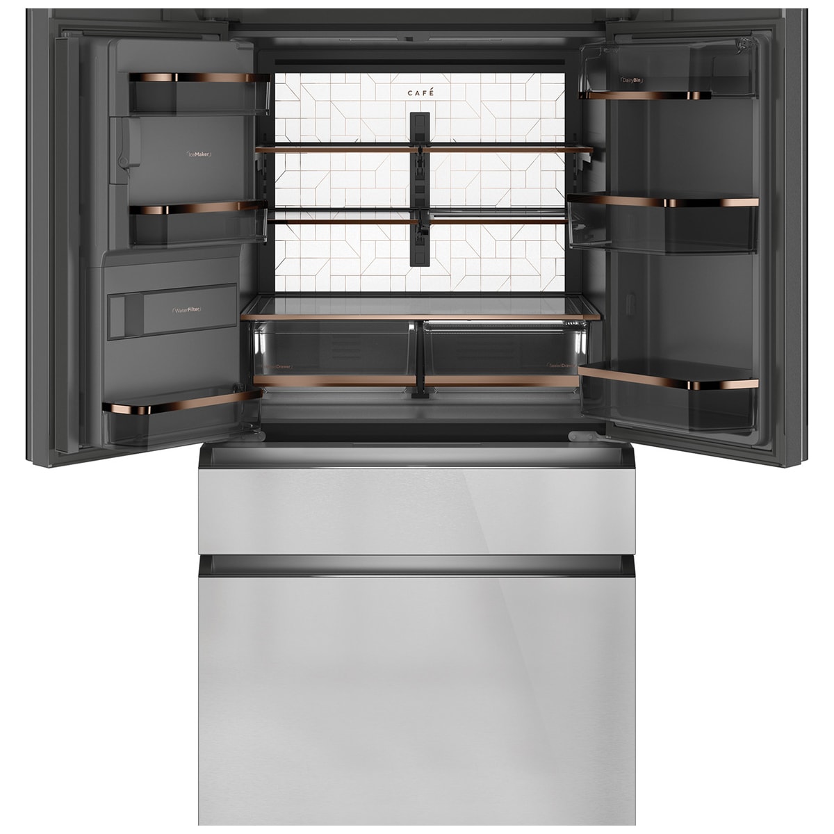 Cafe 36 in. 22.3 cu. ft. Smart Counter Depth 4-Door French Door Refrigerator with Ice & Water Dispenser - Platinum Glass, Platinum Glass, hires