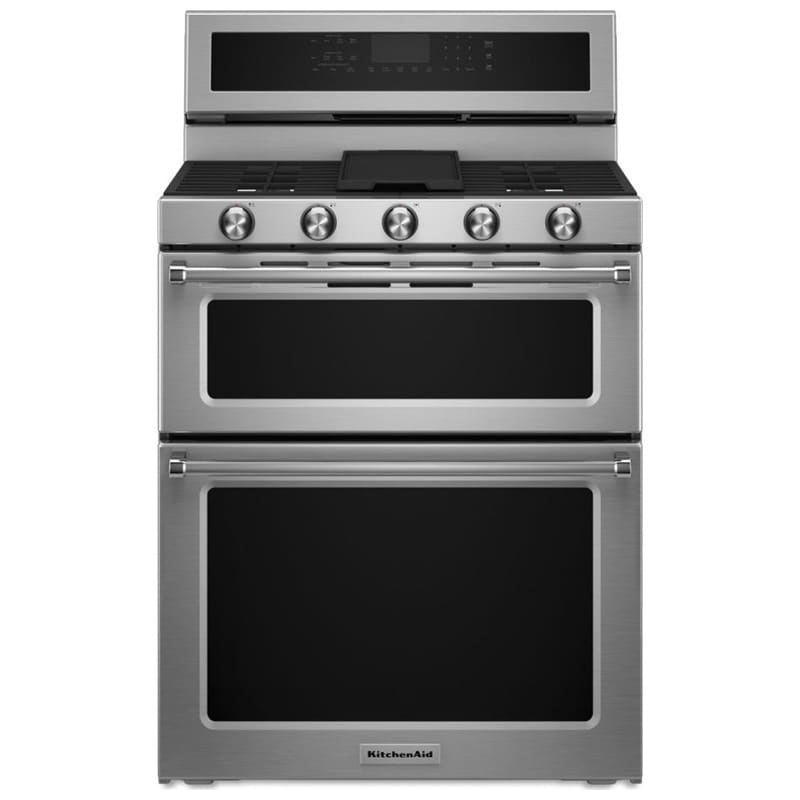 KitchenAid 30 in. 6 cu. ft. True European Convection Double Oven Gas Range with 5 Sealed Burners & Griddle - Stainless Steel, Stainless Steel, hires
