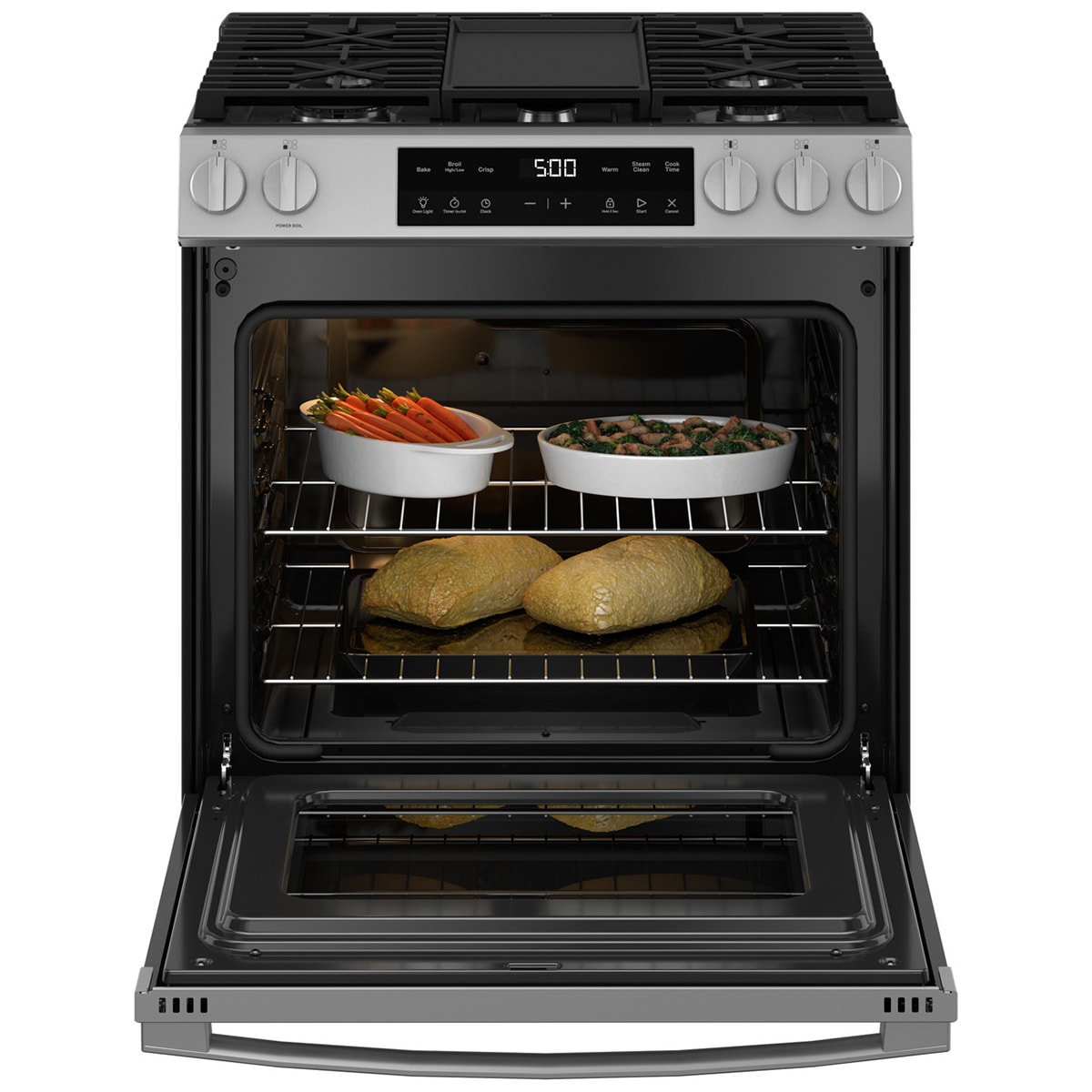GE 500 Series 30 in. 5.3 cu. ft. Slide-In Gas Range with 5 Sealed Burners & Griddle - Stainless Steel, , hires