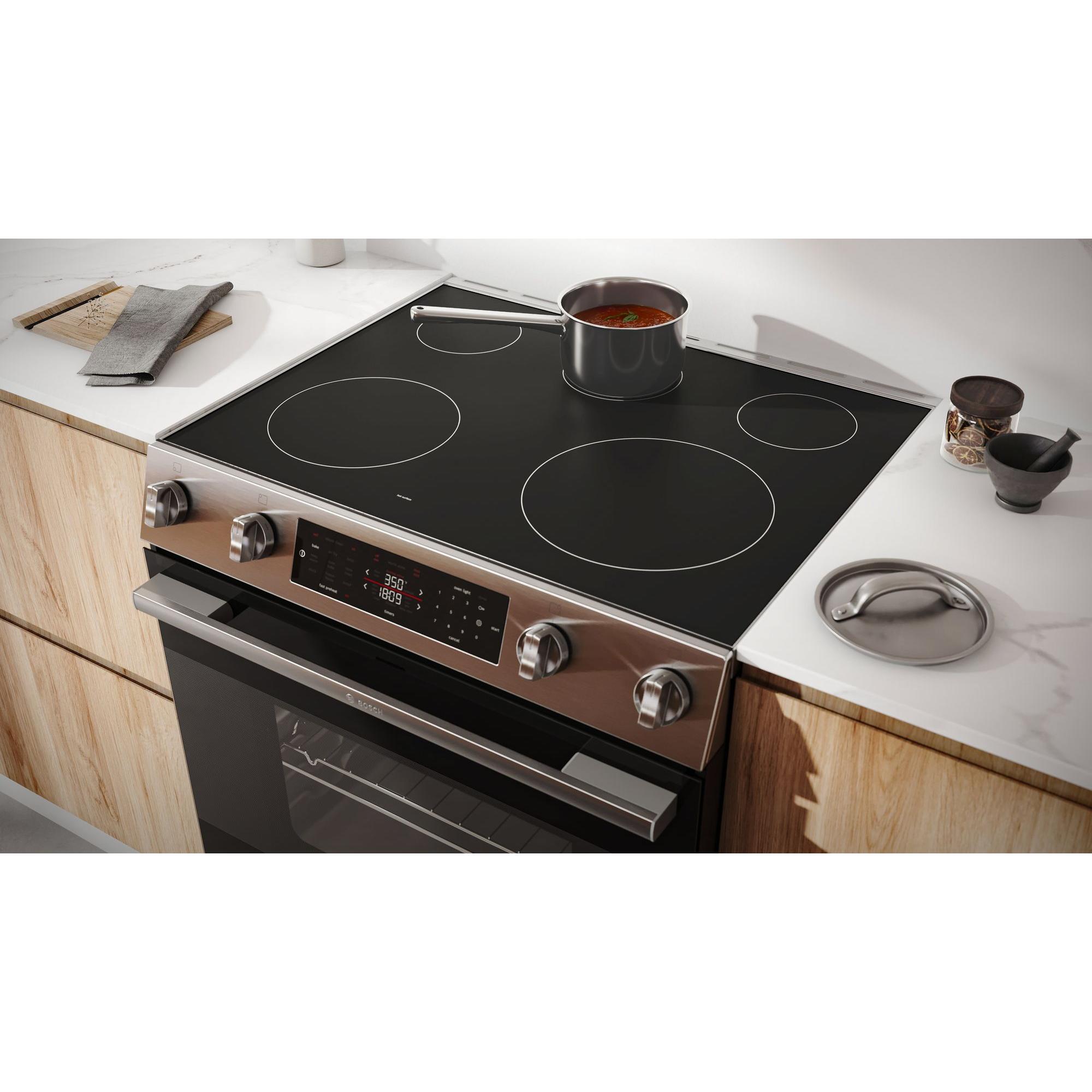 Bosch 100 Series 30 in. 5.8 cu. ft. Air Fry Standard Convection Slide-In Electric Range with Smoothtop Burners - Stainless Steel, , hires