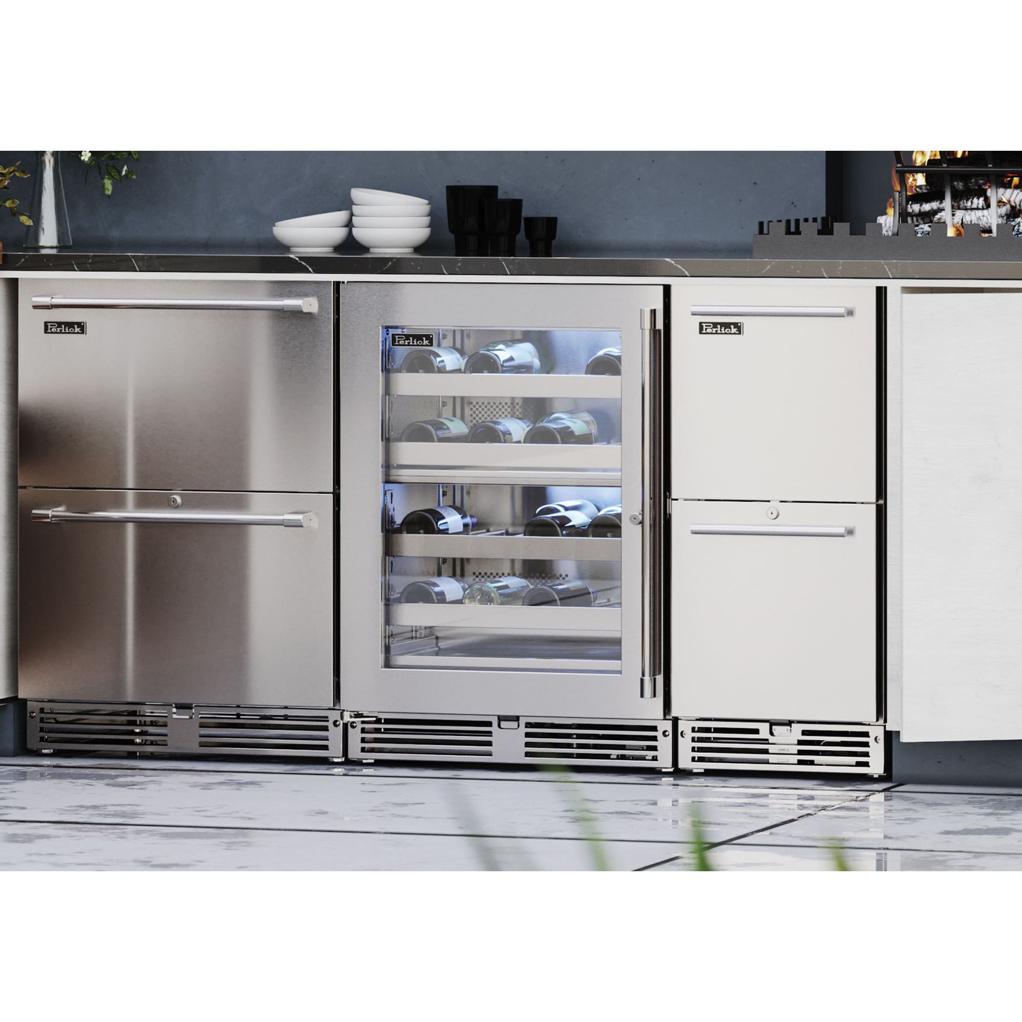 Perlick Signature Series 24 in. Outdoor Undercounter Wine Reserve with Metal Racks, Dual Temperature Zones & 32 Bottle Capacity - Stainless Steel, , hires