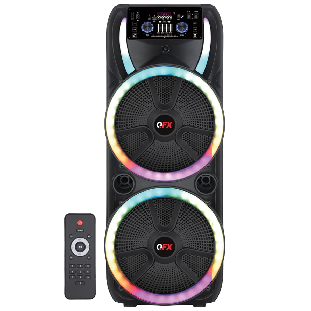QFX Dual 15 Bluetooth Rechargeable Party PA Speaker with Two Wireless Mics & Remote - Black, , hires