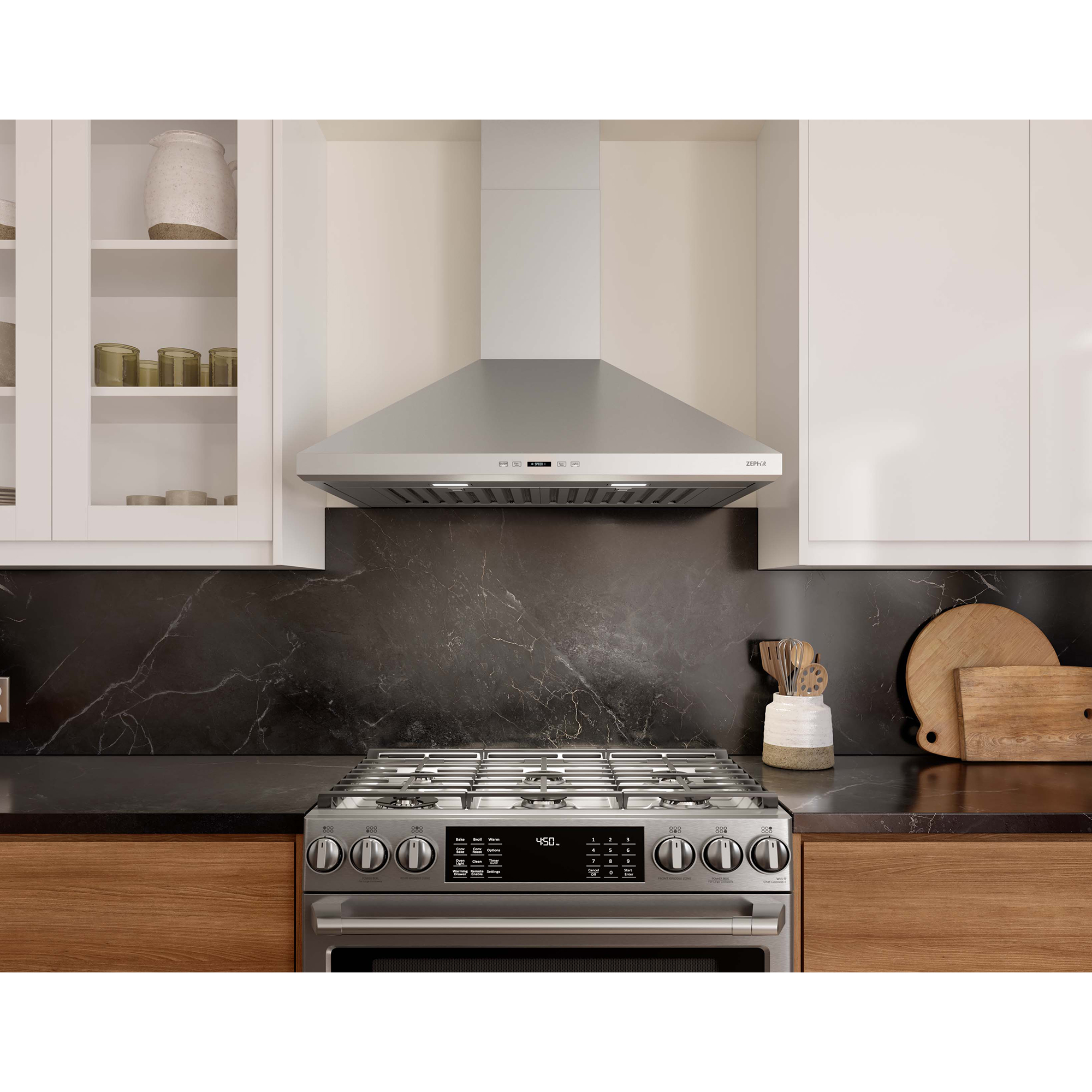 36 In Range Hood Zephyr 36 in. Chimney Style Range Hood with 5 Speed Settings, 650 CFM