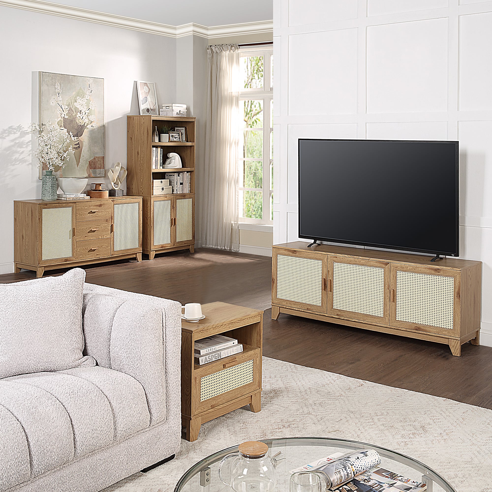 Manhattan Comfort Sheridan Modern Cane Bookcase with Adjustable Shelves - Nature, , hires