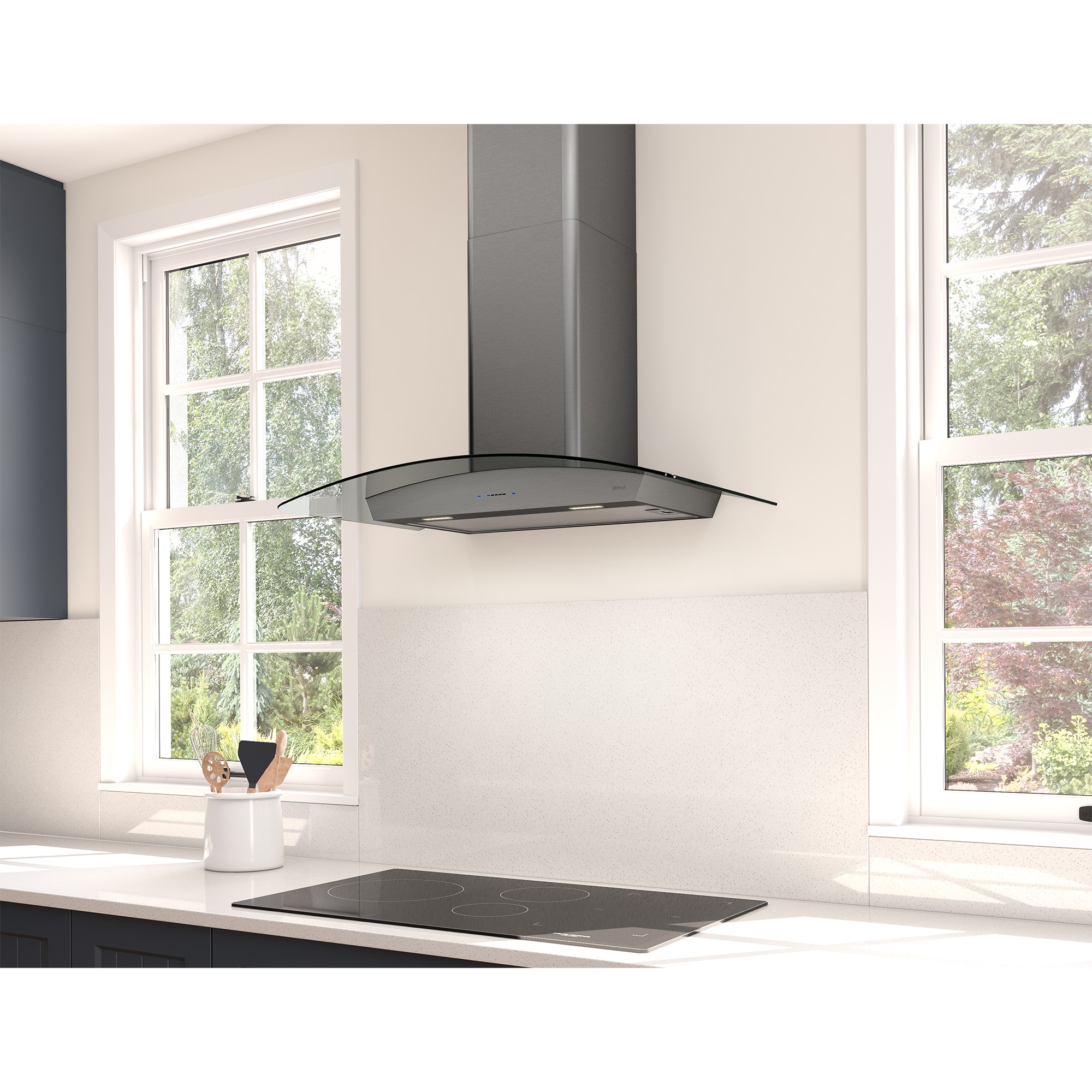 Zephyr 36 in. Convertible Chimney Style Range Hood with 600 CFM, 5 Fan Speeds & 2 LED Lights - Black Stainless, , hires