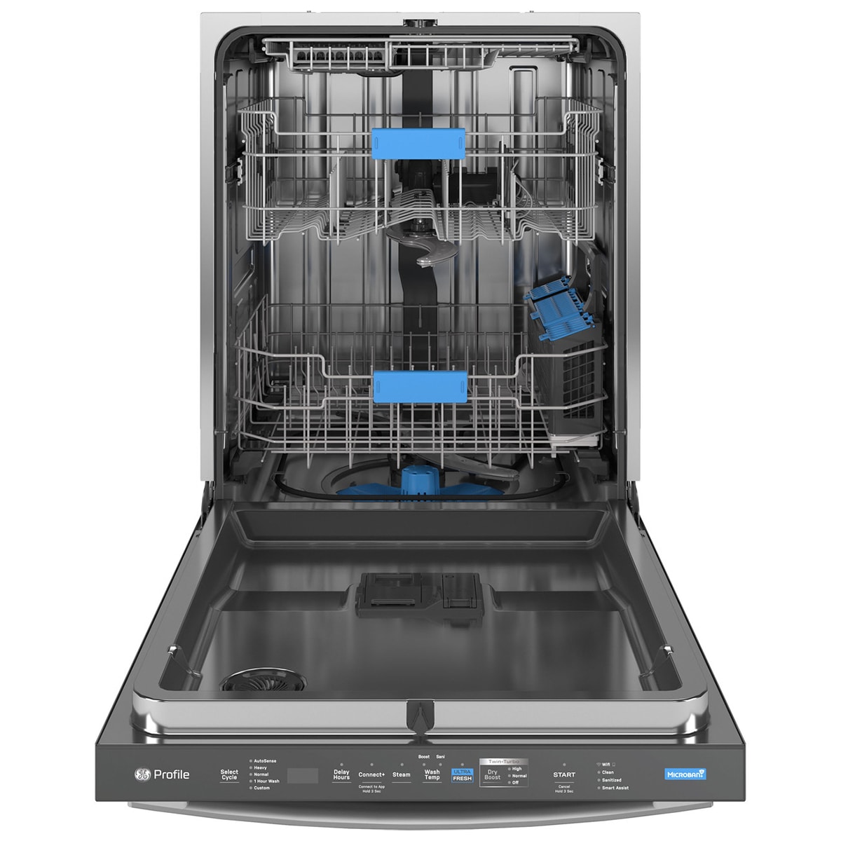 GE Profile 24 in. Top Control Flush-Mount Smart Dishwasher with 39 dBa Sound Level, 3rd-Rack & Twin Turbo Dry Boost - Fingerprint Resistant Stainless, , hires