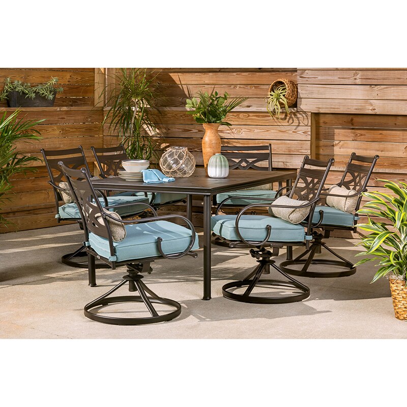 Hanover Montclair 7-Piece Dining Set with 6 Swivel Rockers - Ocean Blue, , hires