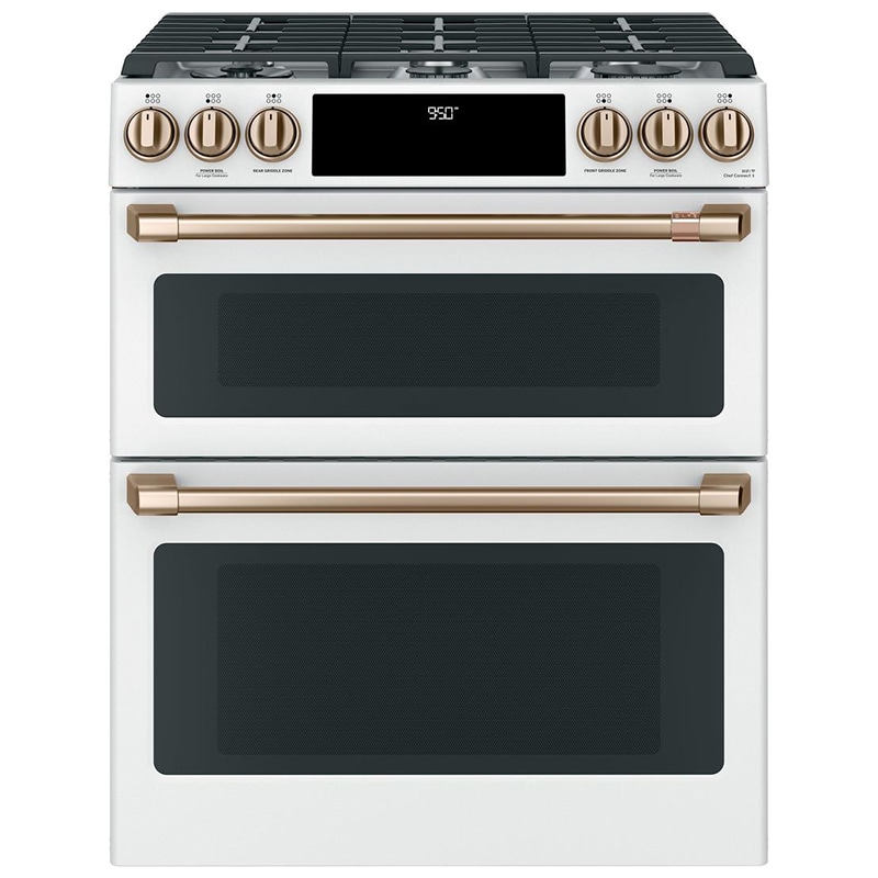 Cafe 30 in. 7 cu. ft. Smart Air Fry True European Convection Double Oven Slide-In Dual Fuel Range with 6 Sealed Burners & Griddle - Matte White, Matte White, hires