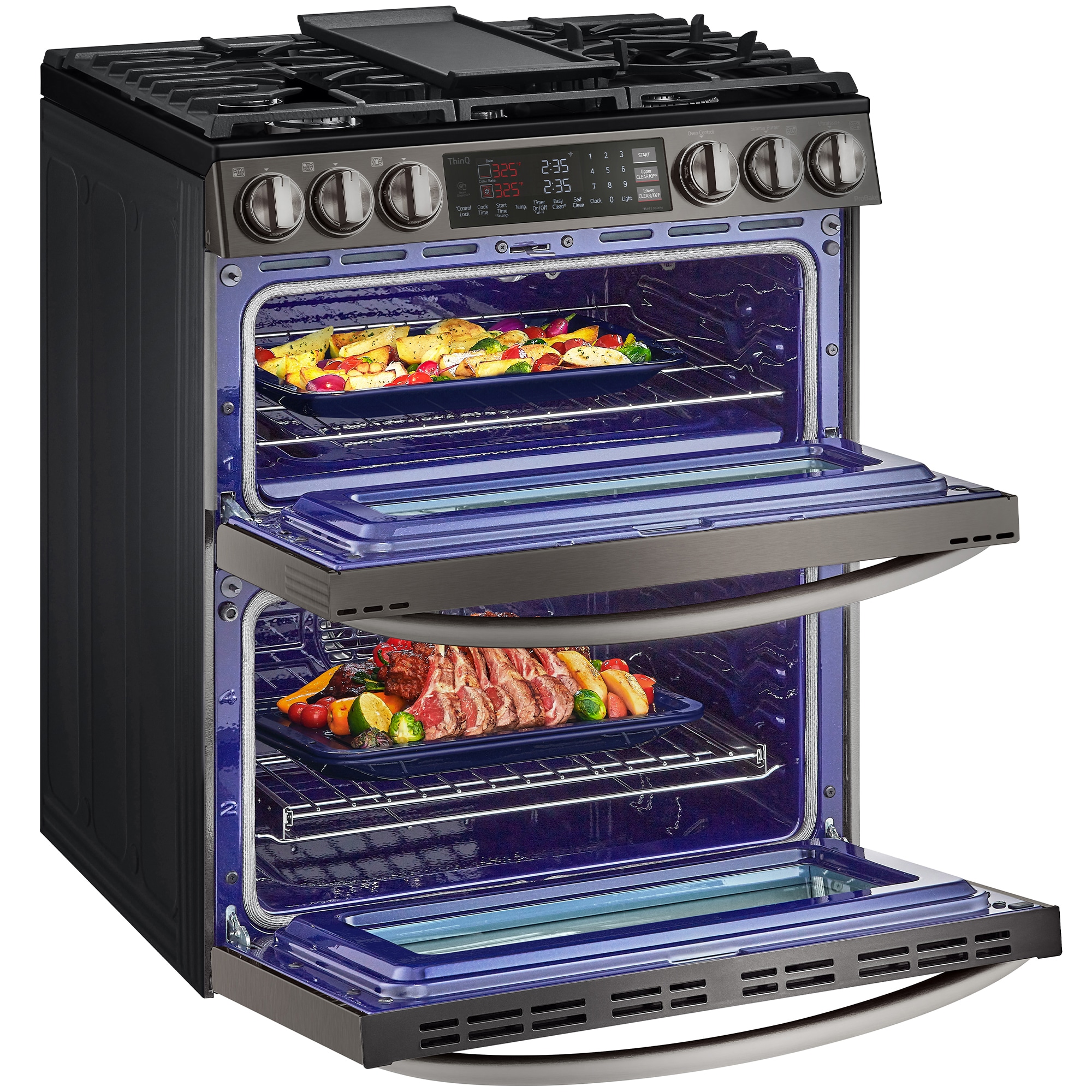 LG InstaView 30 in. 6.9 cu. ft. Smart Air Fry True European Convection Double Oven Slide-In Gas Range with 5 Sealed Burners & Griddle - PrintProof Black Stainless Steel, PrintProof Black Stainless Steel, hires