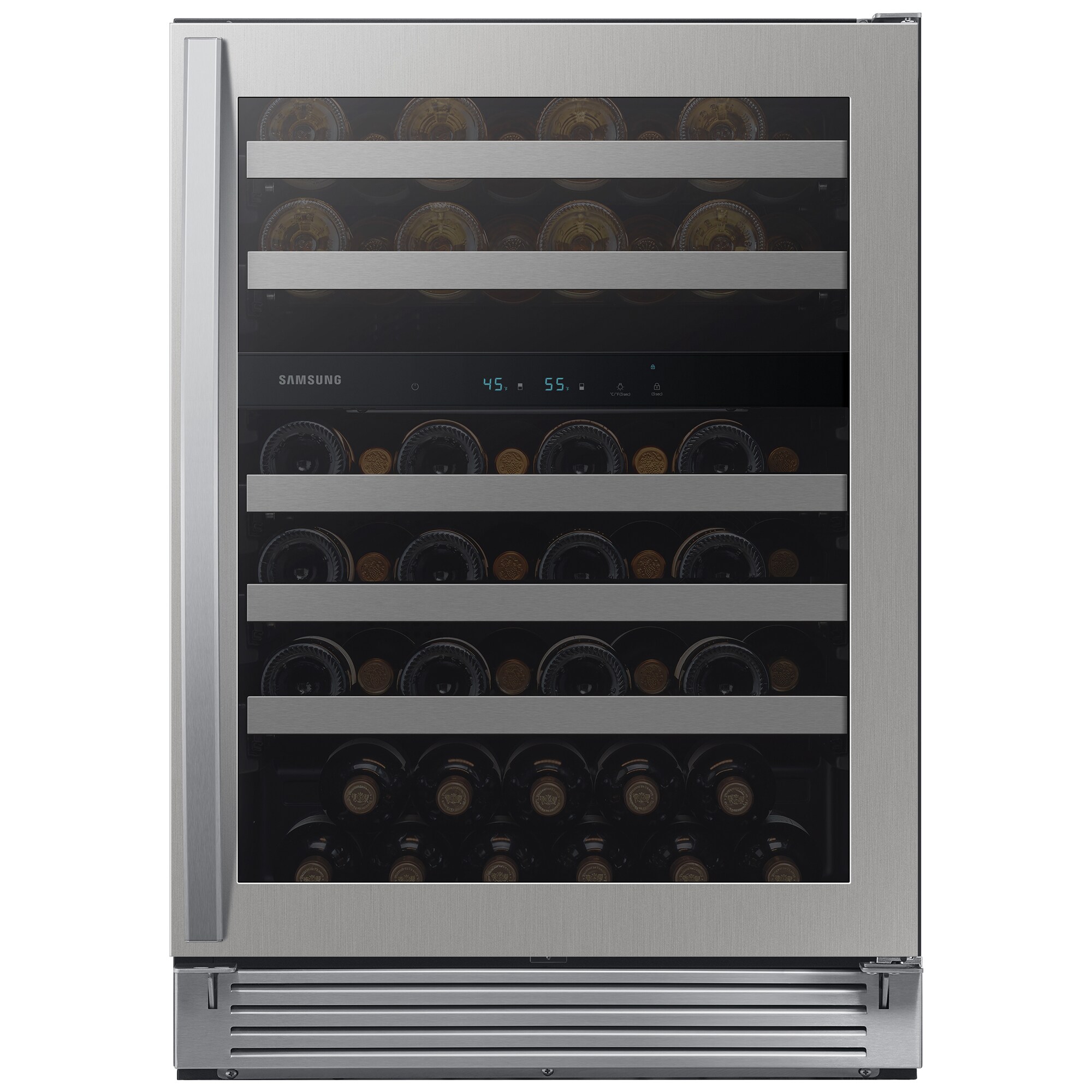 Samsung 24 in. Undercounter Wine Cooler with Wire Racks, Dual Temperature Zones & 51 Bottle Capacity - Stainless Steel, , hires