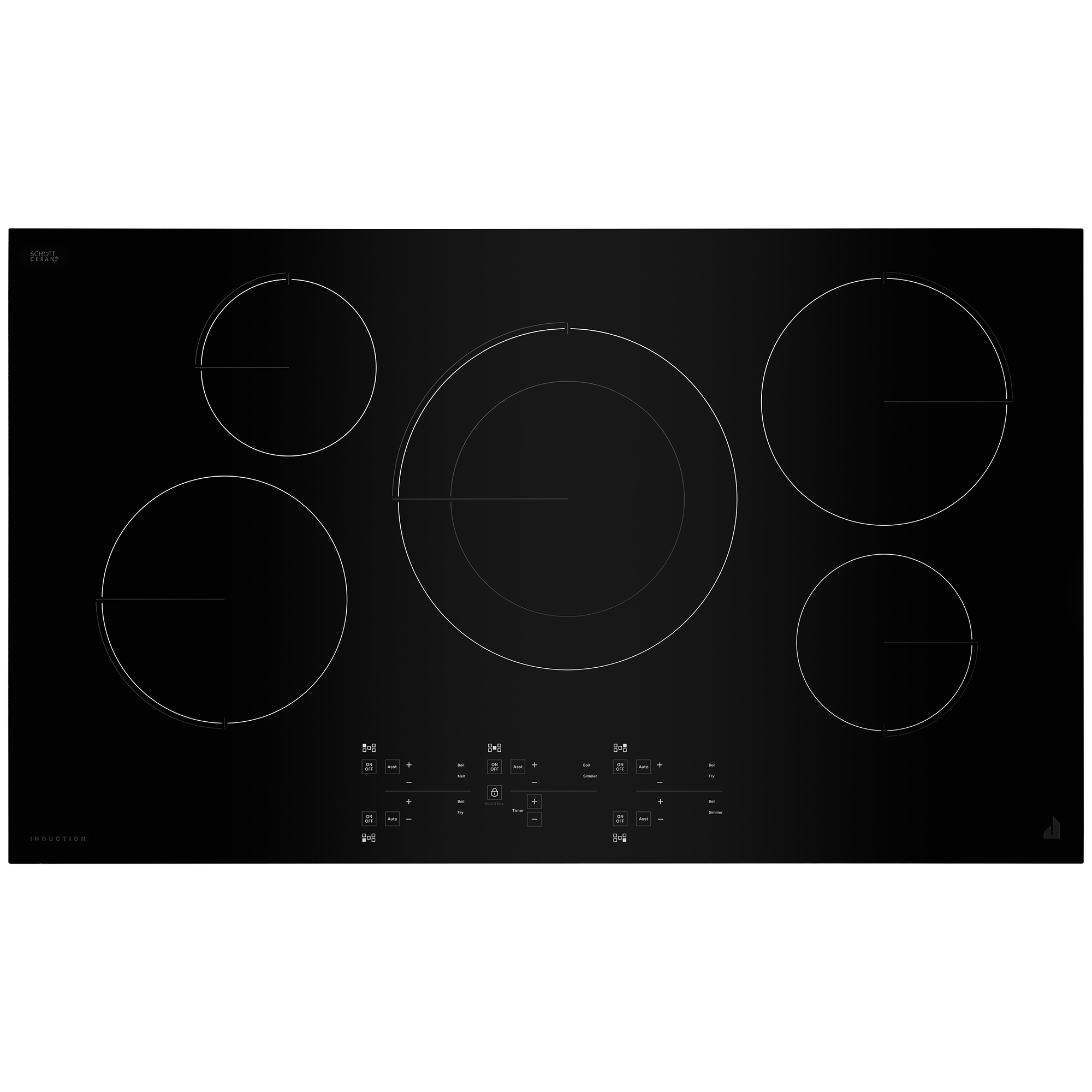 JennAir Oblivian Glass 36 in. 5-Burner Induction Cooktop with Simmer Burner & Power Burner - Black, , hires