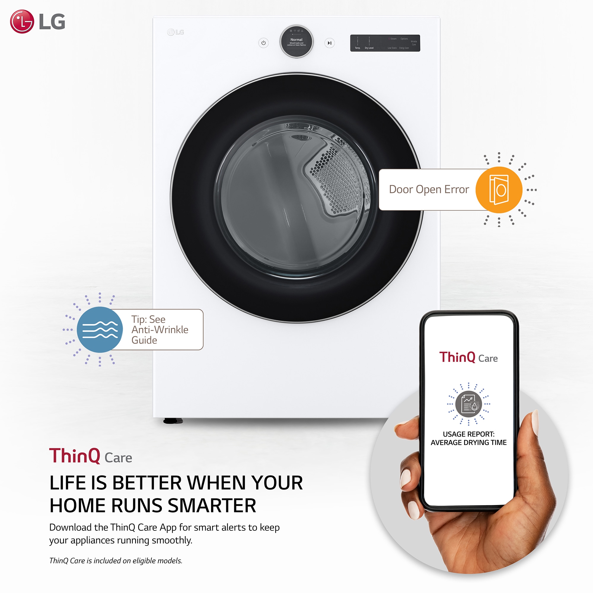 LG 27 in. 7.4 cu. ft. Smart Stackable Electric Dryer with AI Sensor Dry, Turbo Steam, Sanitize & Steam Cycle - White, White, hires