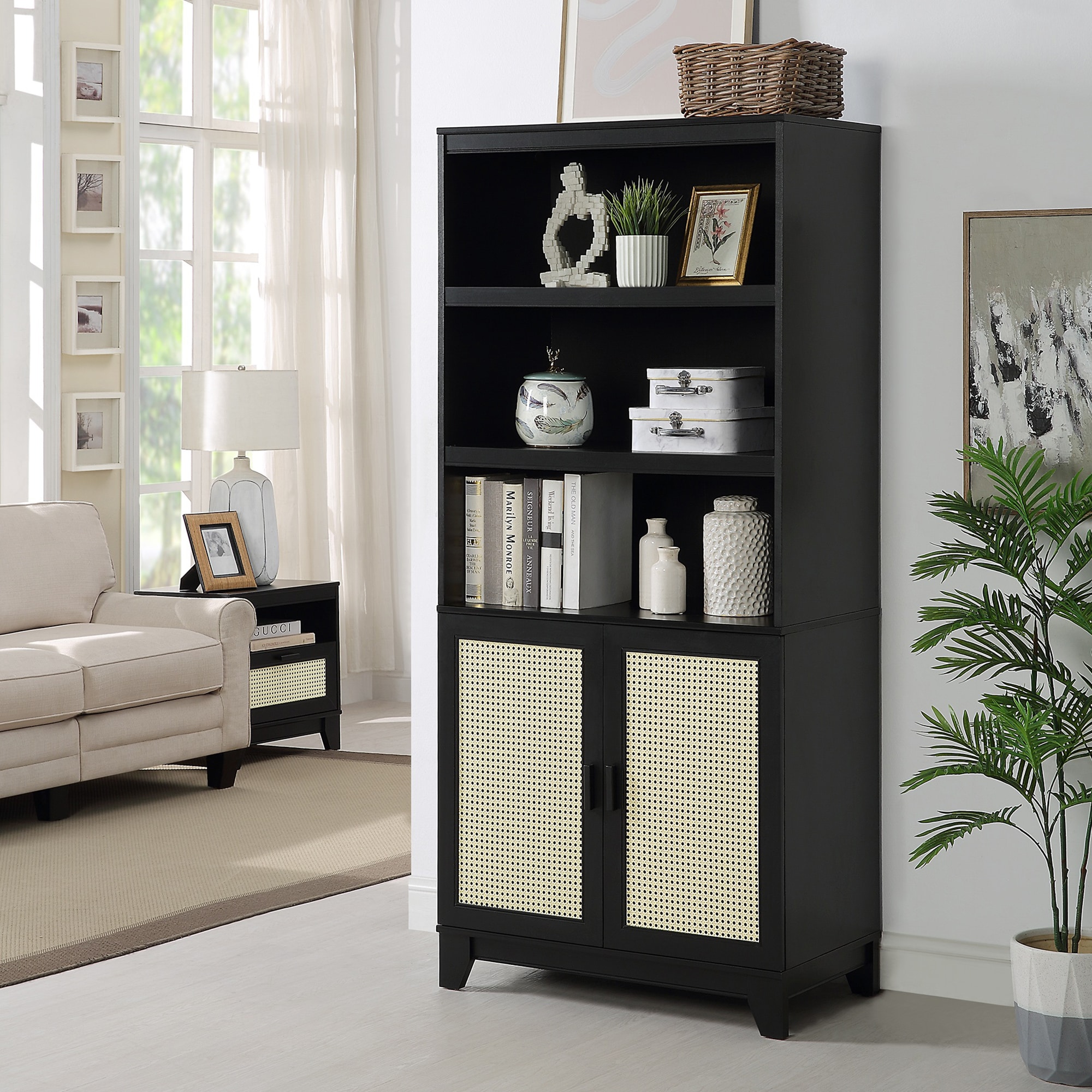 Manhattan Comfort Sheridan Modern Cane Bookcase with Adjustable Shelves - Black, , hires