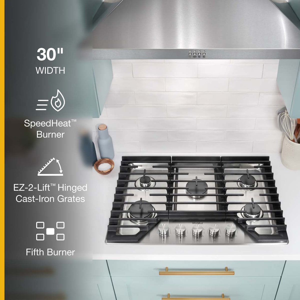 Whirlpool 30 in. 5-Burner Natural Gas Cooktop with Simmer Burner & Power Burner - Stainless Steel, , hires