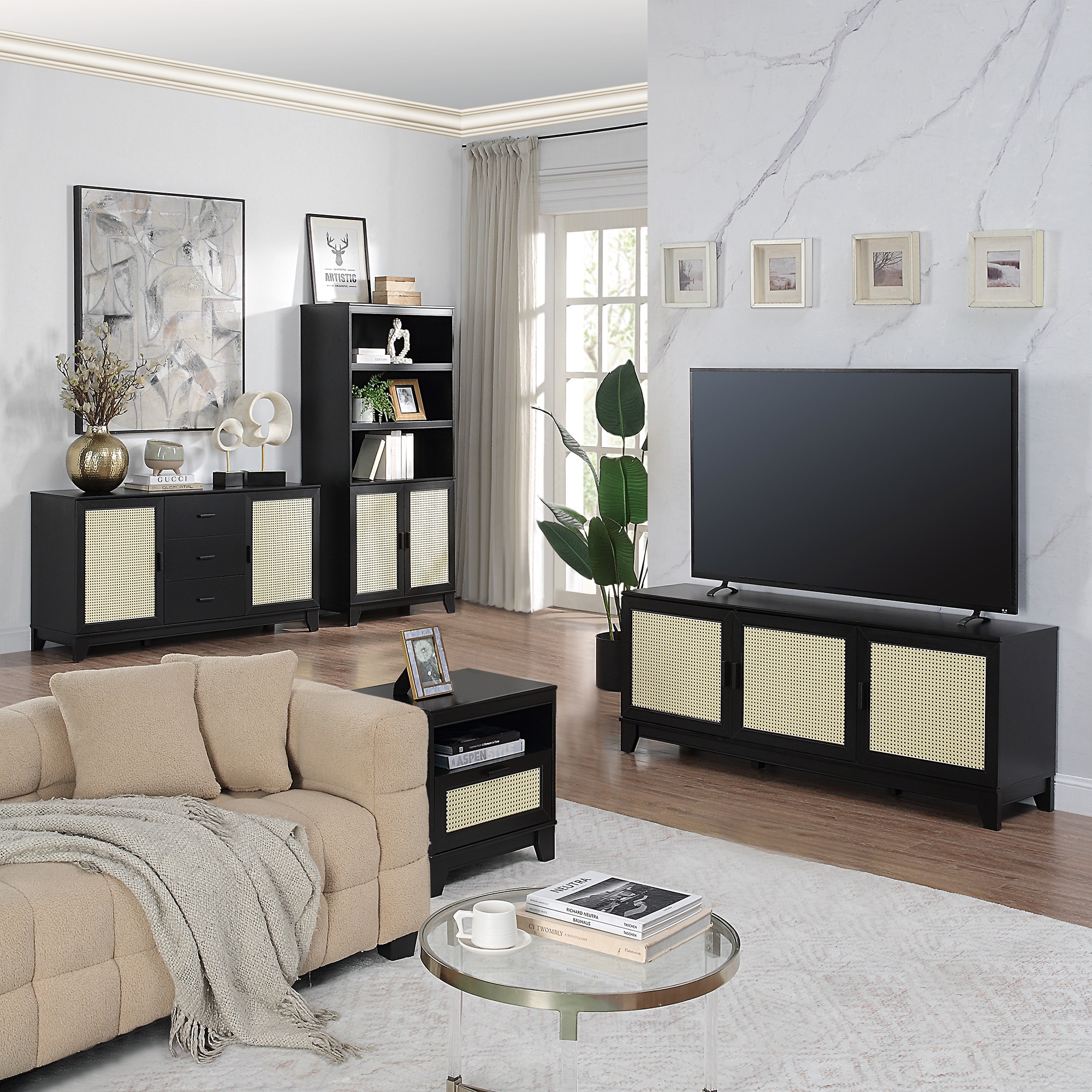 Manhattan Comfort Sheridan 62.99 inch Modern Cane TV Stand - Black, Black, hires