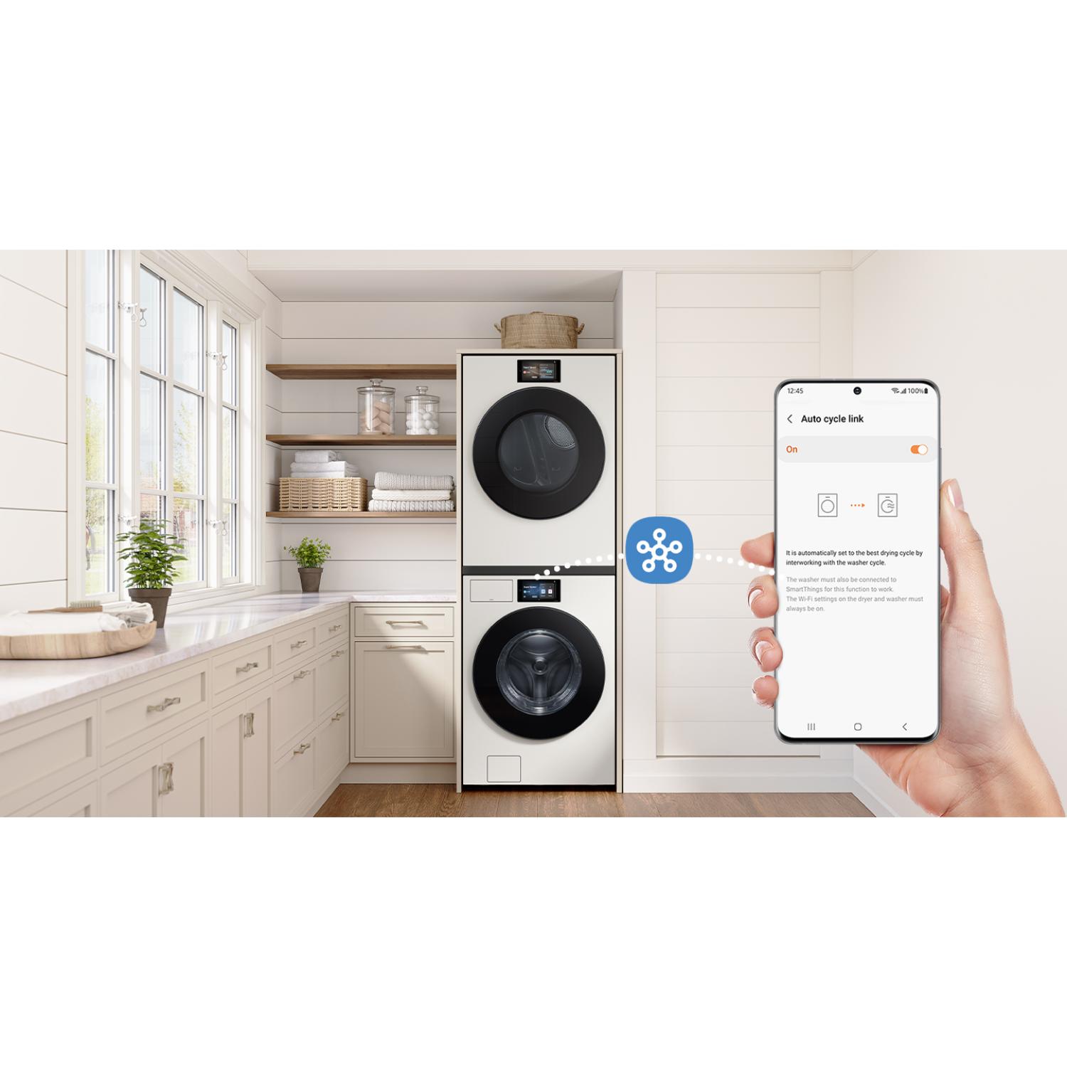 Samsung Bespoke 27 in. 7.6 cu. ft. Smart Stackable Electric Dryer with AI Home, AI OptiDry+, Sensor Dry, Sanitize & Steam Cycle - Ivory, Ivory, hires