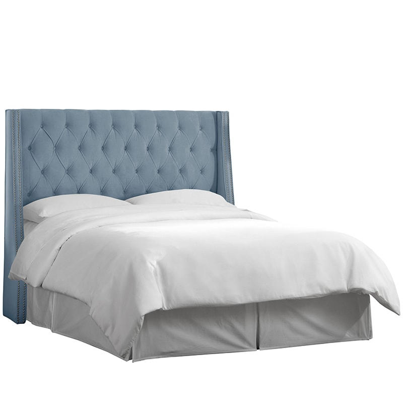 Skyline Queen Nail Button Tufted Wingback Headboard in Velvet - Ocean, Ocean Blue, hires
