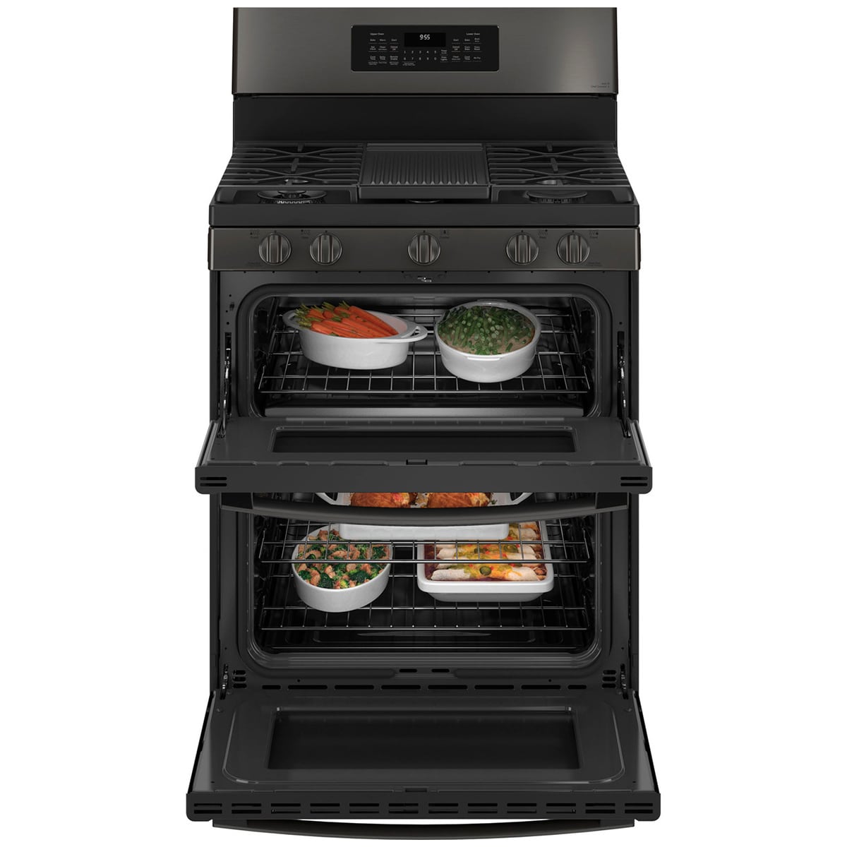 GE Profile 30 in. 6.8 cu. ft. Smart Air Fry True European Convection Double Oven Gas Range with 5 Sealed Burners, Grill & Griddle - Black Stainless, Black Stainless, hires