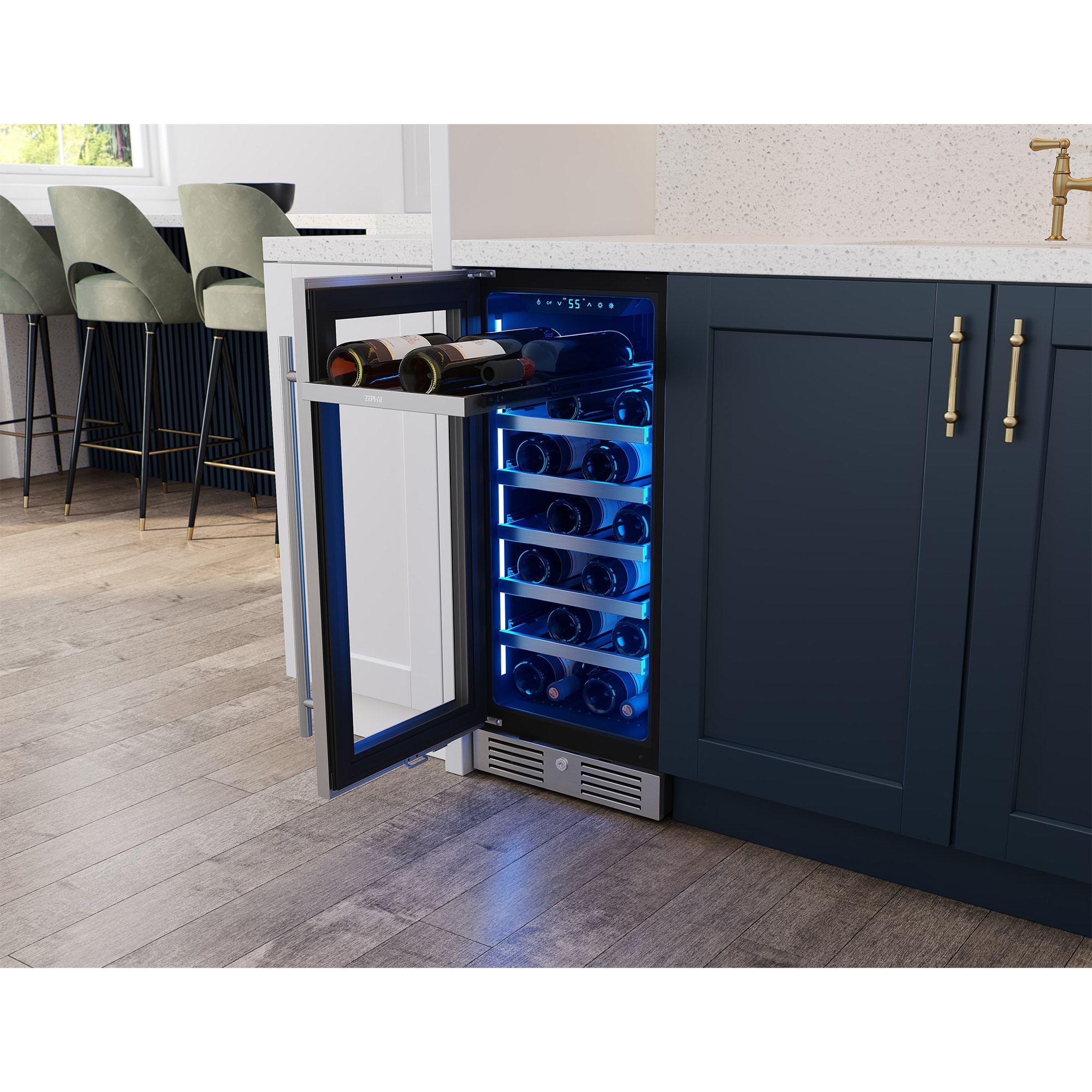 Zephyr Presrv Series 15 in. Undercounter Wine Cooler with Wood Racks, Single Temperature Zone & 27 Bottle Capacity - Stainless Steel, , hires