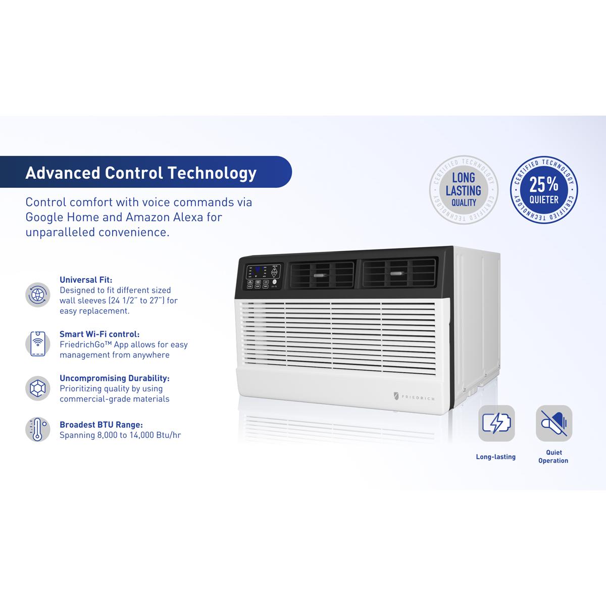 Friedrich Uni-Fit Series 14,000 BTU 230V Smart Through-the-Wall Air Conditioner with Electric Heat, 3 Fan Speeds, Remote Control - White, , hires