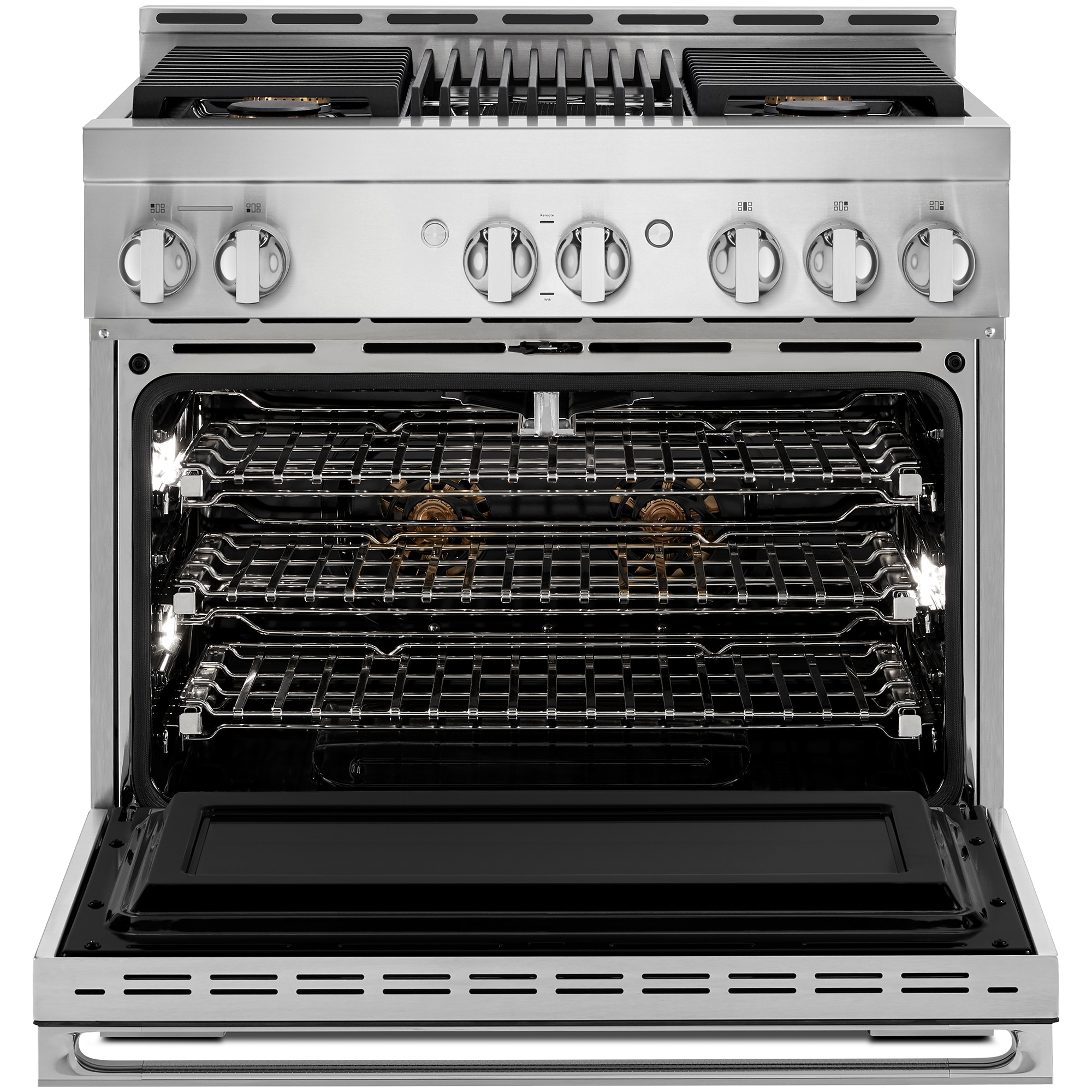 JennAir Noir Series 36 in. 5.1 cu. ft. Smart True European Convection Gas Range with 4 Sealed Burners & Grill - Stainless Steel, , hires