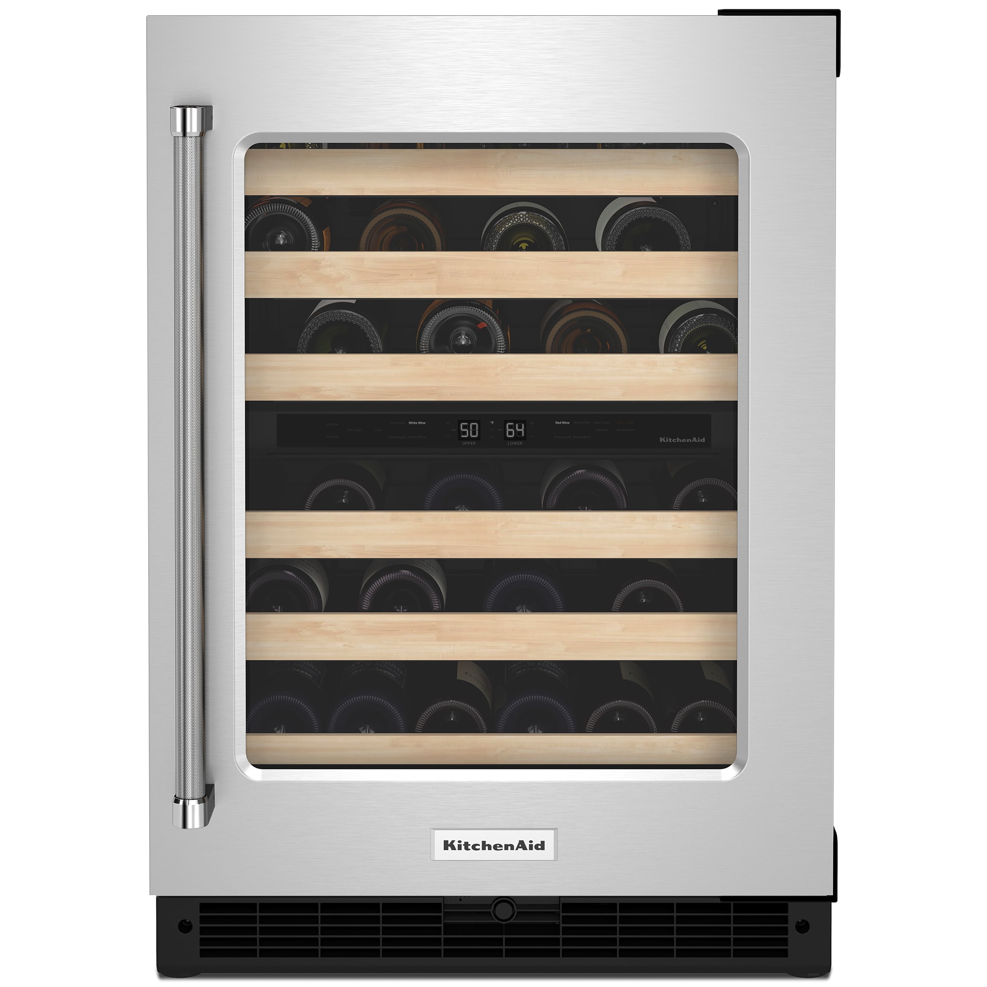 KitchenAid 24 in. Undercounter Wine Cooler with Wood Racks, Dual Temperature Zones & 46 Bottle Capacity - Stainless Steel, , hires
