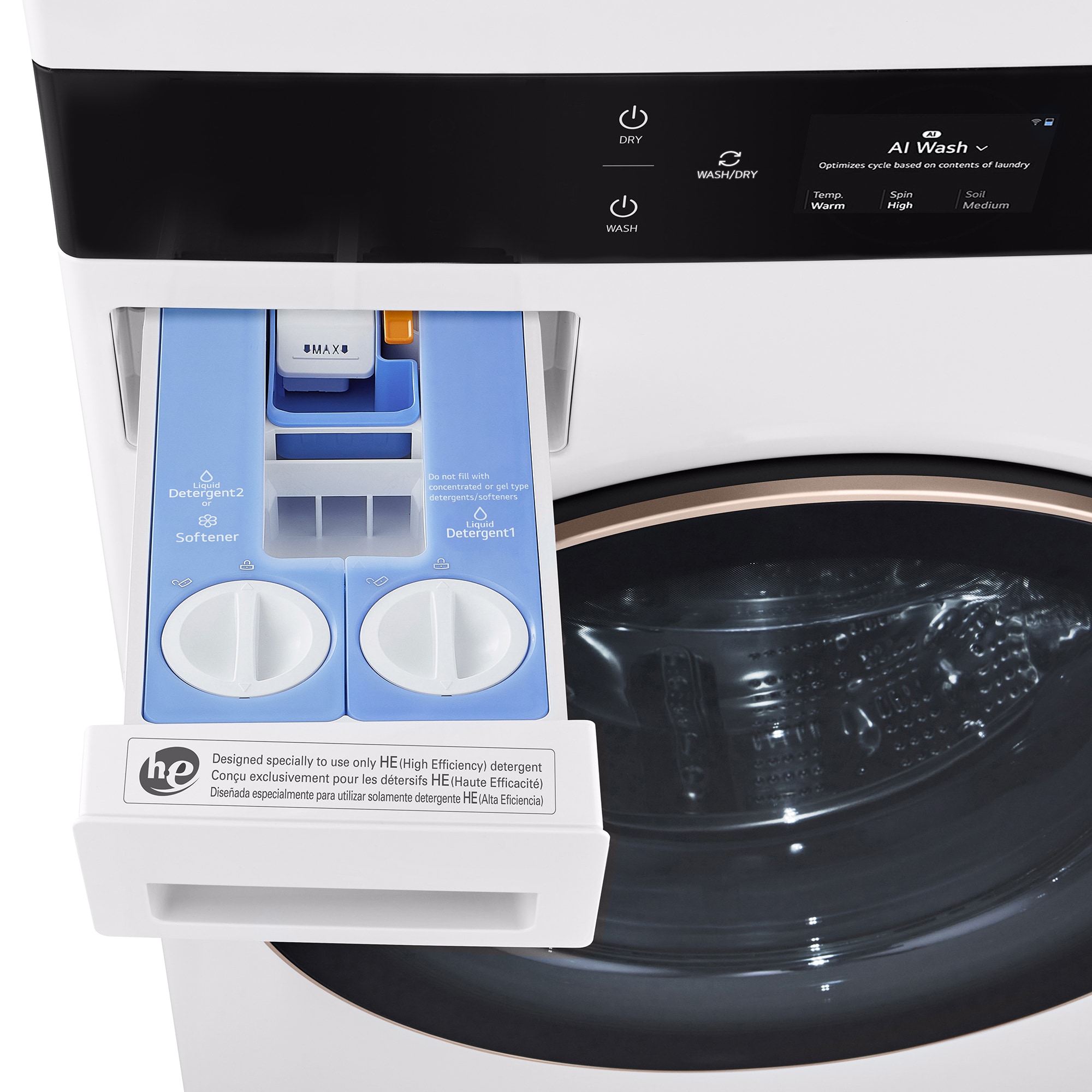 LG 27 in. 5.0 cu. ft. Smart Gas Front Load WashTower with AI Sensor Dry, TurboSteam, Allergiene Cycle, ezDispense, AI DD 2.0 Advanced Washing, Sensor Dry, Sanitize & Steam Cycle - Essence White, Essence White, hires