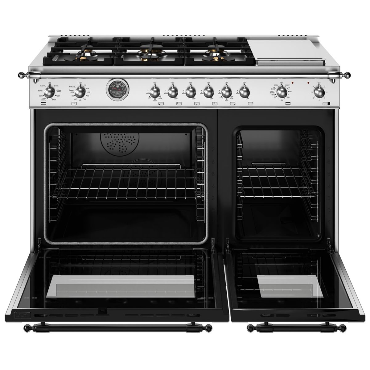 Bertazzoni Heritage Series 48 in. 7.0 cu. ft. Air-Fry Dual Convection Double Oven Dual Fuel Range with 6 Sealed Burners & Griddle - Stainless Steel, , hires