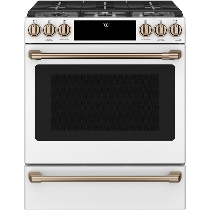 Cafe 30 in. 5.6 cu. ft. Smart Air Fry True European Convection Slide-In Gas Range with 6 Sealed Burners & Griddle - Matte White, Matte White, hires