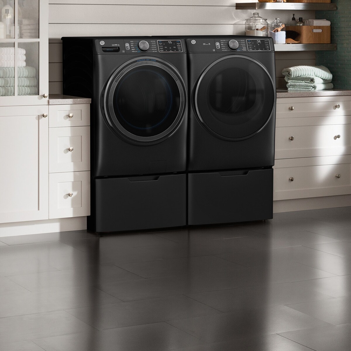 GE 28 in. 5.0 cu. ft. Smart Stackable Front Load Washer with OdorBlock, Sanitize Cycle & Steam Cycle - Carbon Graphite, Carbon Graphite, hires