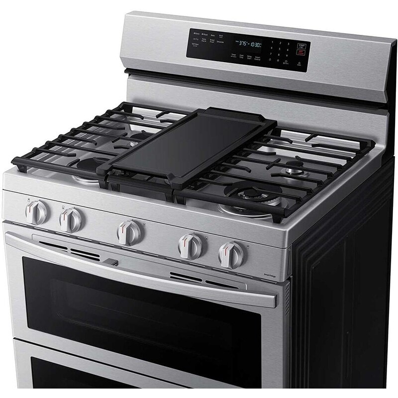 Samsung 30 in. 6 cu. ft. Smart Air Fry True European Convection Double Oven Gas Range with 5 Sealed Burners & Griddle - Stainless Steel, Stainless Steel, hires