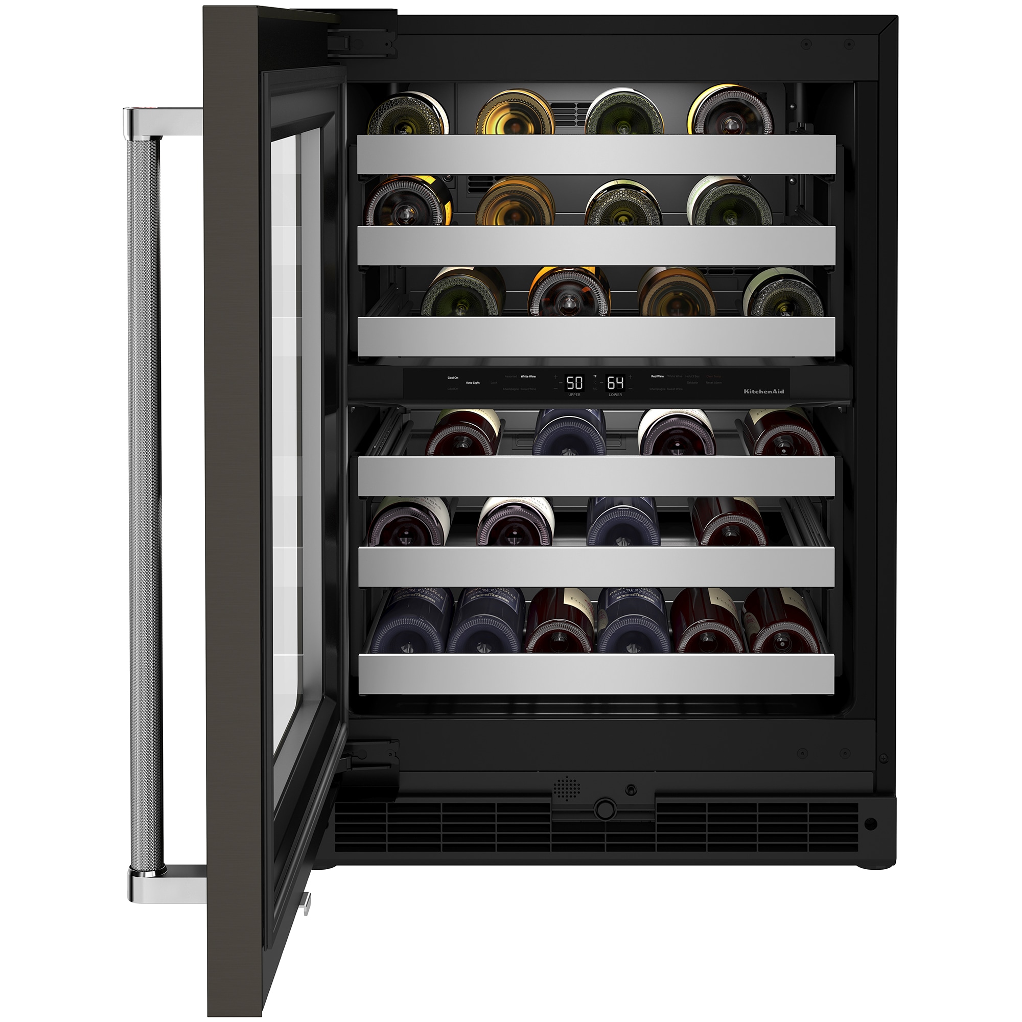 KitchenAid 24 in. Undercounter Wine Cooler with Metal Racks, Dual Temperature Zones & 46 Bottle Capacity - Black Stainless Steel, Black Stainless, hires