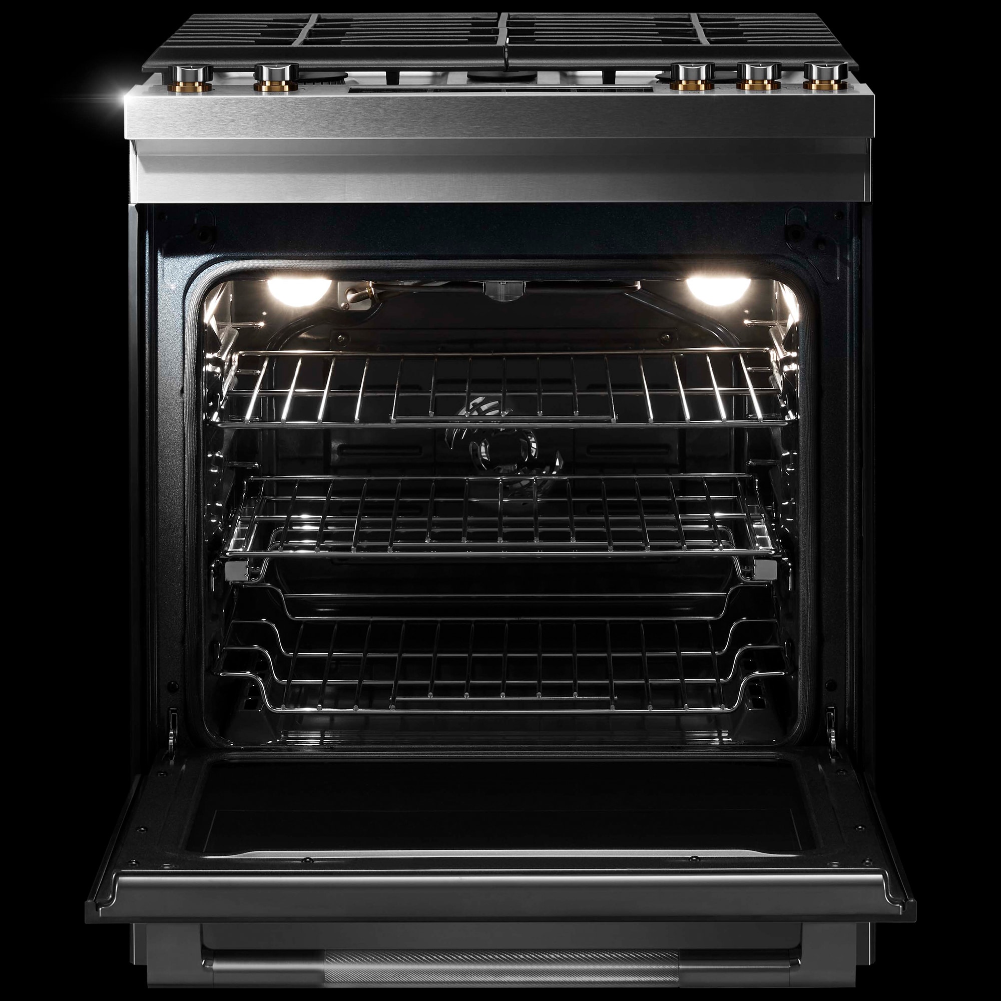 JennAir Rise Series 30 in. 6.4 cu. ft. Air Fry True European Convection Slide-In Gas Range with 5 Sealed Burners - Stainless Steel, , hires