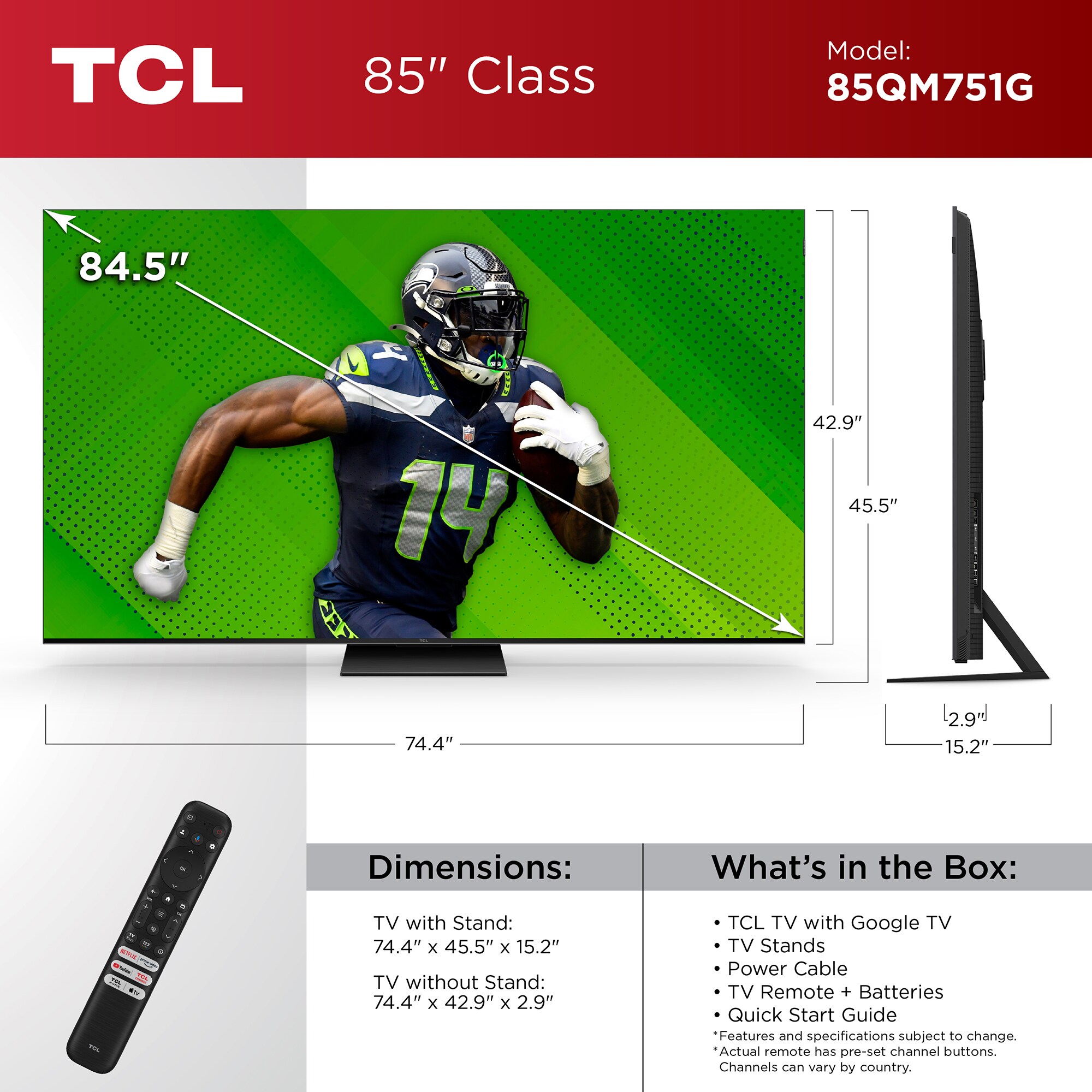TCL 85" Class QSeries QLED MiniLED 4K UHD Smart Google TV P.C